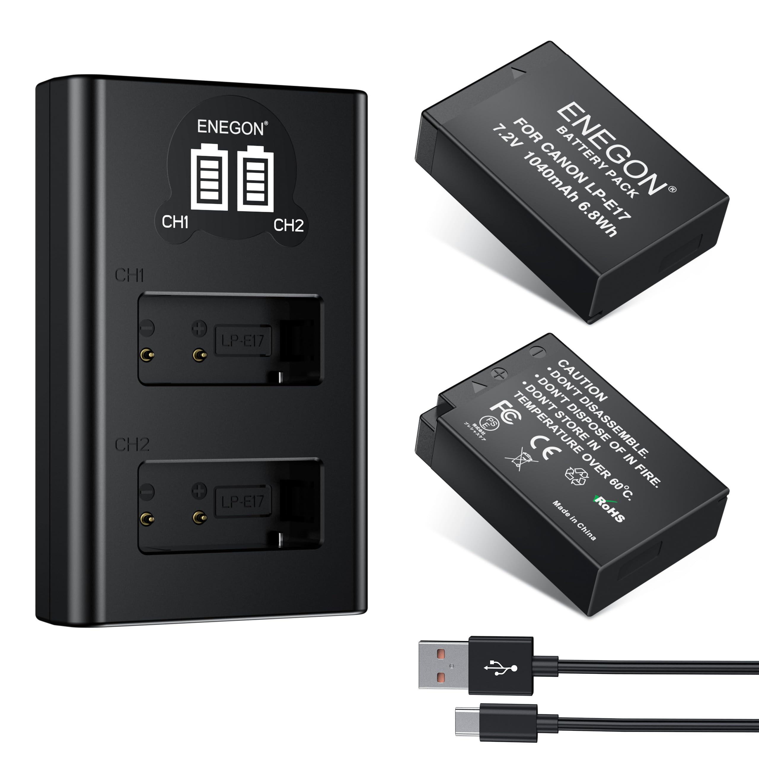 ENEGON 2 X LP-E17 1040mAh Batterien (ohne Kapazitätsverfälschung) + zweifach LCD-Ladegerät mit Doppel-Eingang, kompatibel mit Canon EOS R10/R8/RP/R50/R100/M3/M5/M6/200D/250D/750D/760D/800D/850D