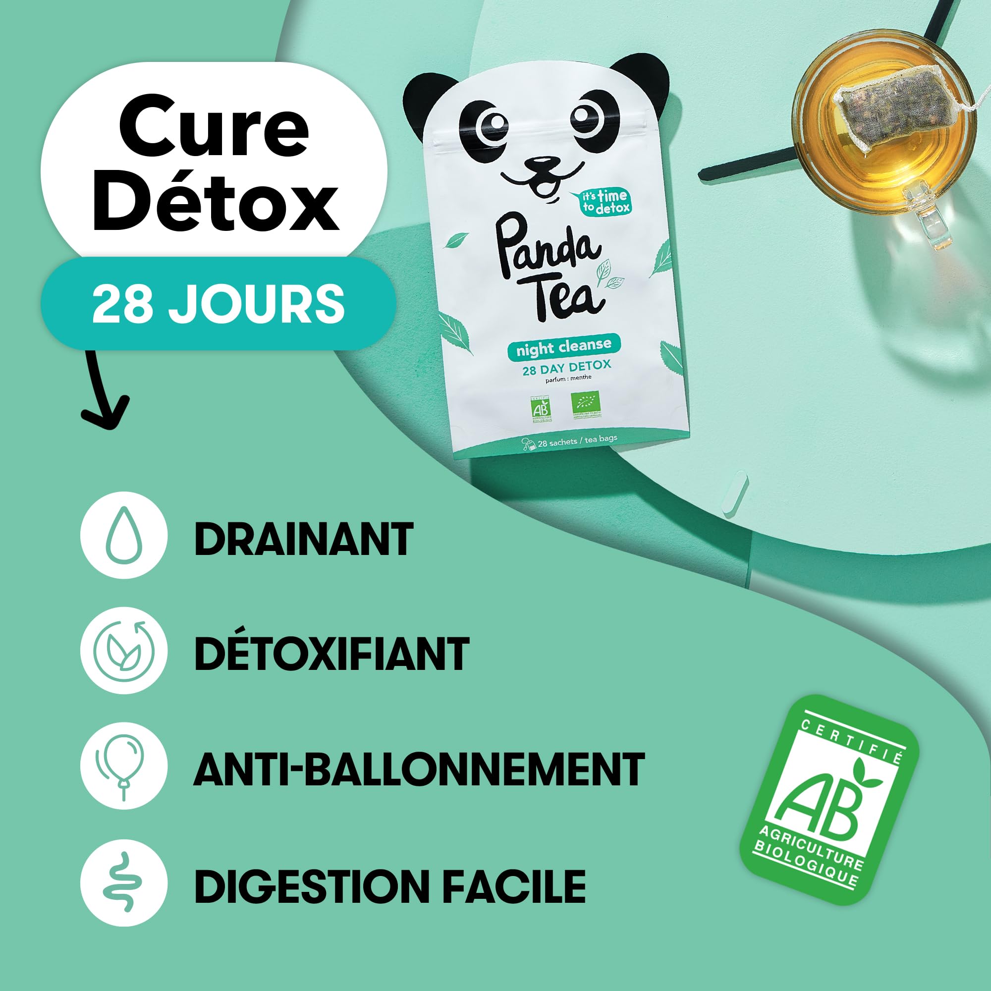 Panda Tea - Night Cleanse - Thé & infusions detox certifié bio - 28 sachets - anti-ballonnements et ventre plat