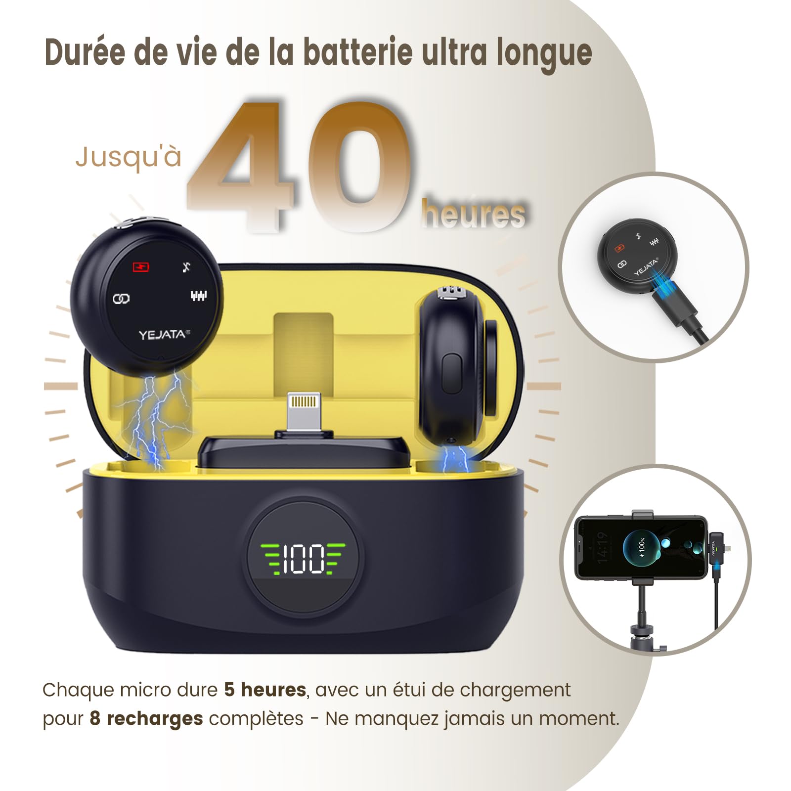 Microphone Cravate sans Fil 2-en-1 pour vidéo | 2 émetteurs, récepteur USB-C/Lightning, réduction du bruit DSP, boîtier 40 h, portée 25 m, compatible iOS et Android.