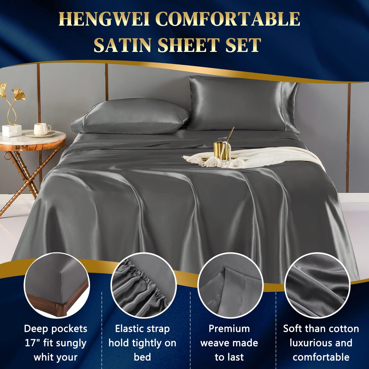 HENGWEI Full Size Satin Sheets - Cooling Sheets Satin Bed Sheets Soft Luxury Satin Sheet, Wrinkle-Free, Stain Resistant Satin Sheet Set with 1 Deep Pocket Fitted Sheet, Dark Gray 4 Pcs