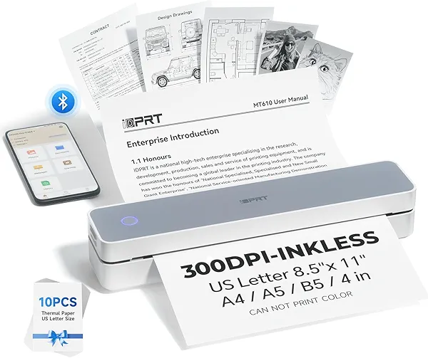 iDPRT Portable Printer Wireless for Travel - Bluetooth Mobile Printer Support for 8.5"x11" US Letter, Inkless Compatible with iOS, Android, Laptop for Office, Car and Home (300DPI, White) Wh