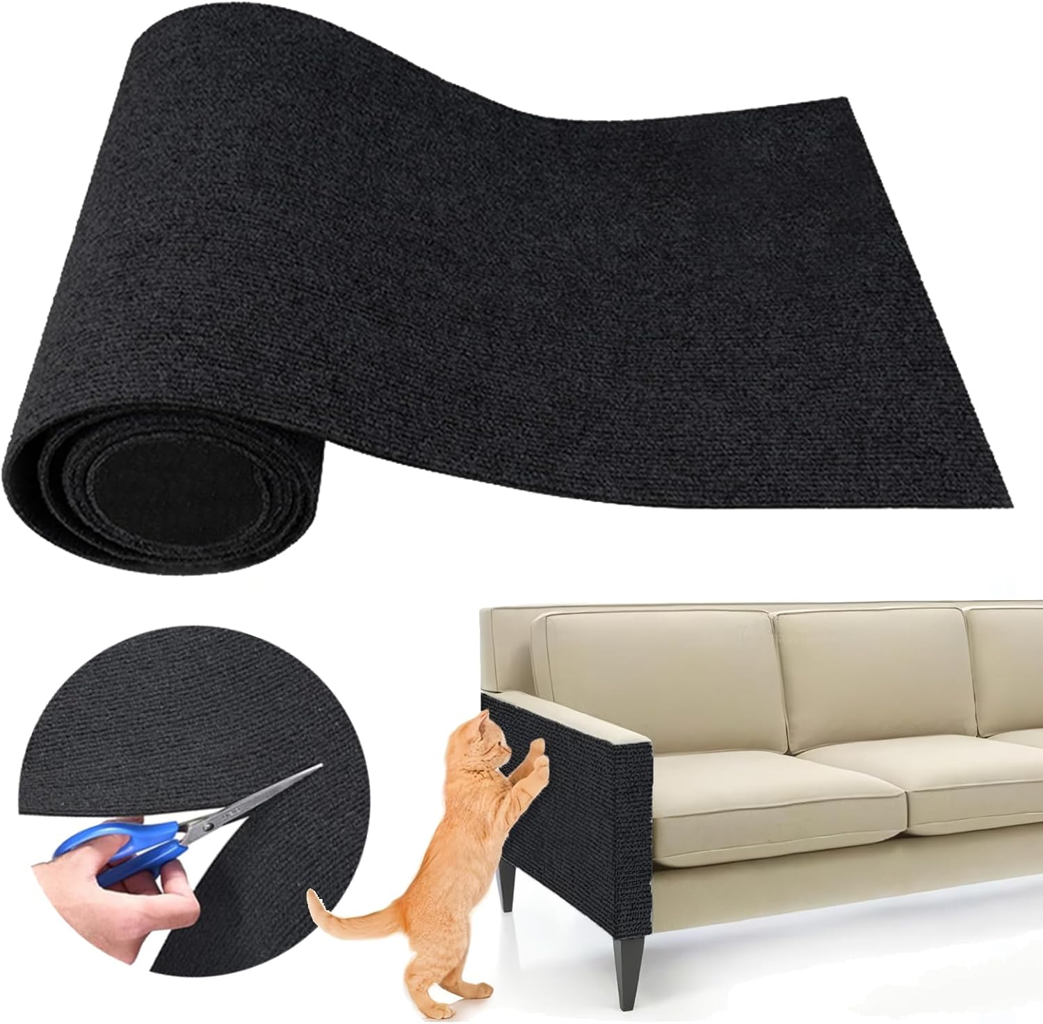 Cat Scratching Climbing Carpet Mat, Feierxun Adhesive Trimmable Cat Post Covered Pad Replacement for DIY Cat Tree Shelf Couch Corner Wall Cat Scratcher Furniture Protector (Black, 78.7×15.8In)