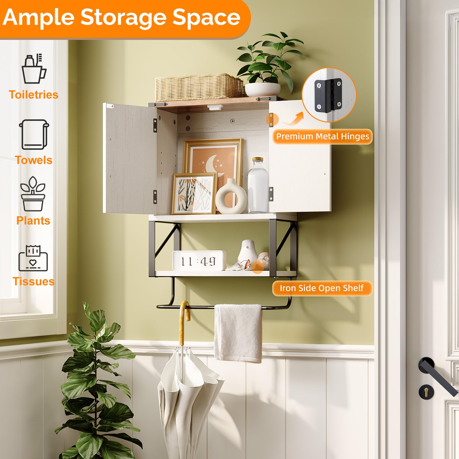 Bonnlo Armoire Mural, Meuble de Rangement Salle de Bain, Meuble WC Suspendu, avec étagère réglable, Double Porte et étagère Ouverte, 58 x 39 x 18 cm, Blanc
