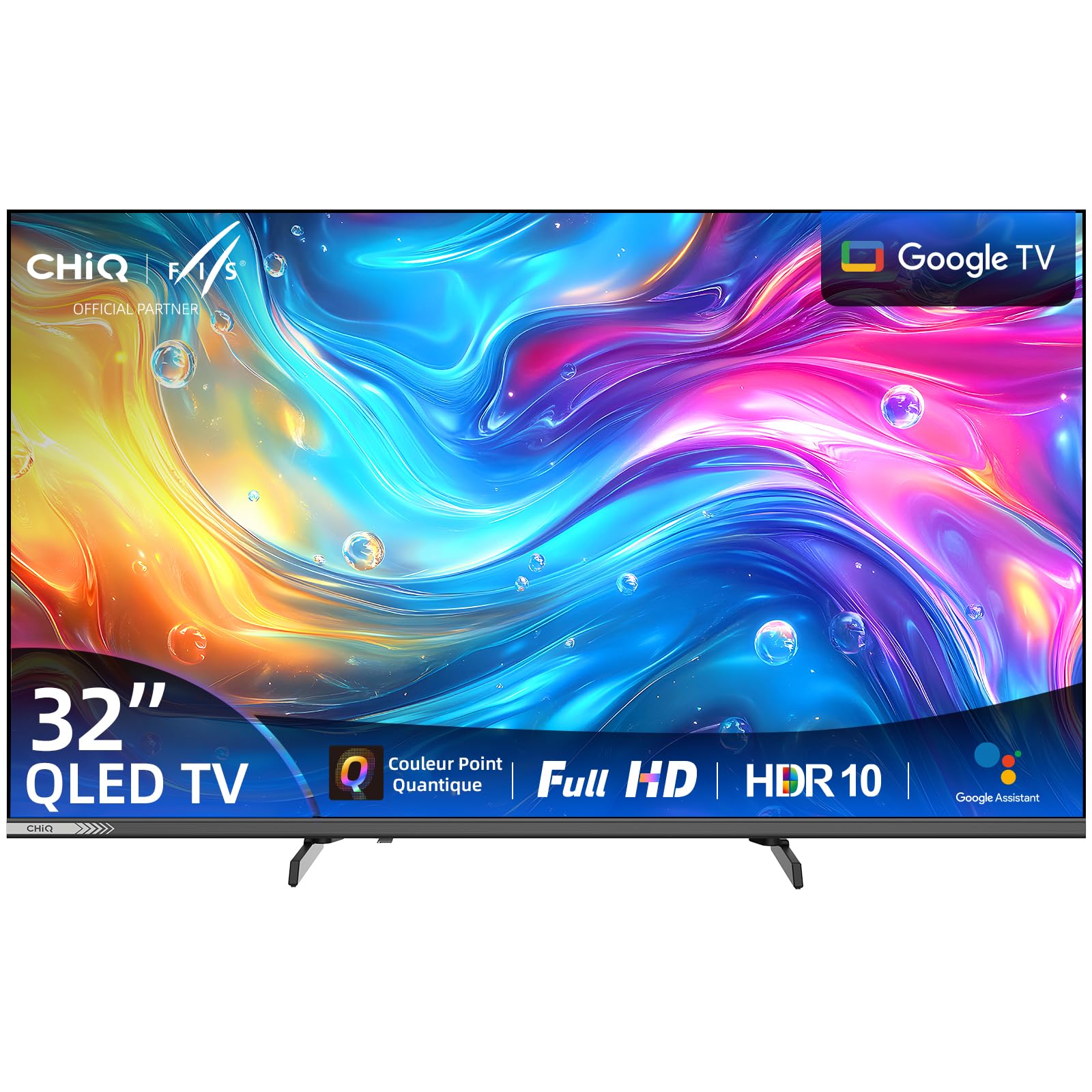 CHiQ TV 32 Pouces FHD QLED Google TV HDR10 (L32QST) | Compatible avec Apple AirPlay, Dolby Audio, Commande Vocale, Triple Tuner DVB-C/T2/S2