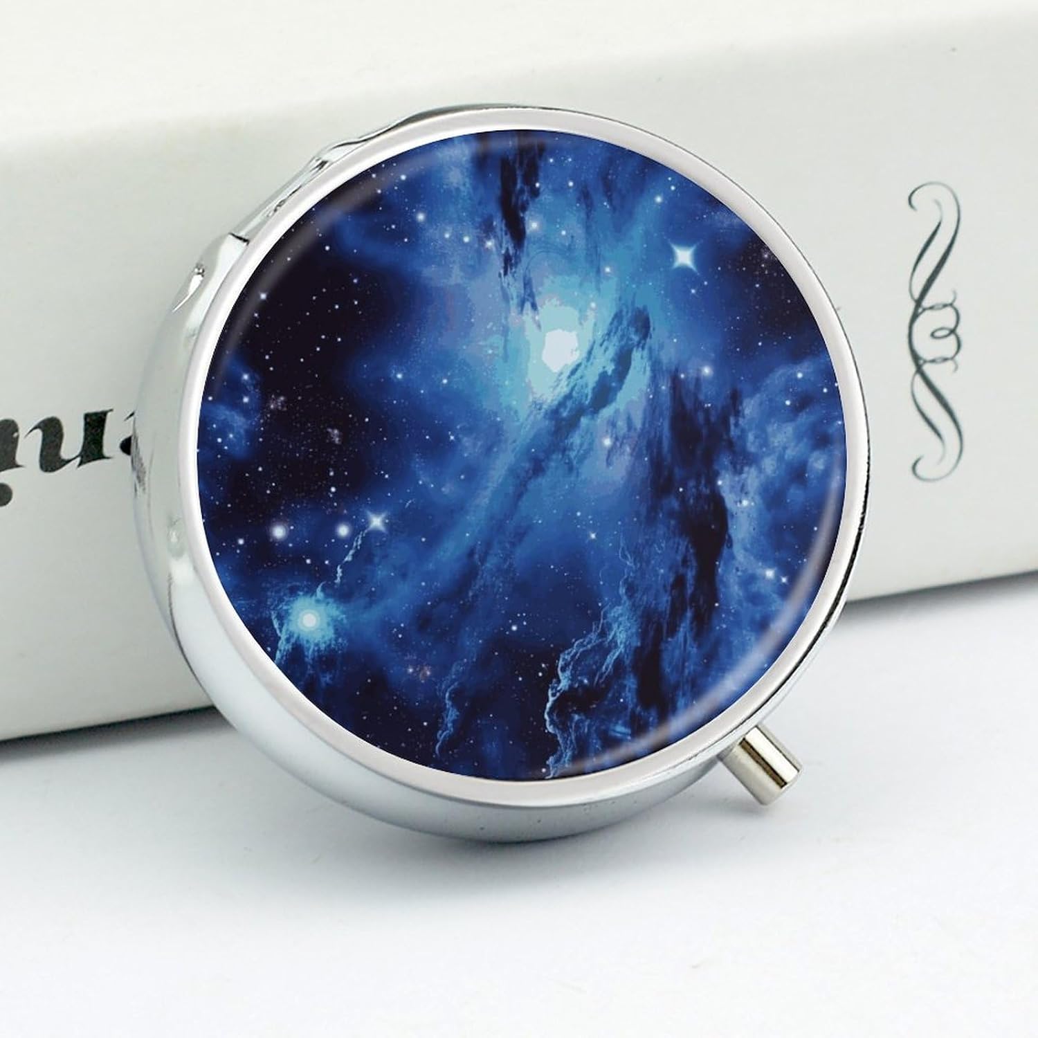 Round Silver Pill Box Small Pill Case for Purse and Pocket 3 Compartment image 4