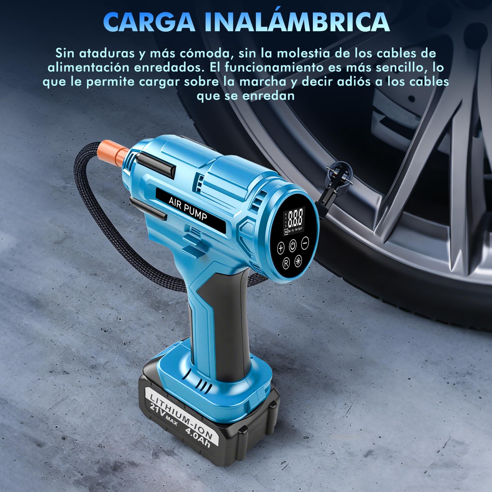 Compresor Aire Portatil Coche Bicicleta, 150PSI Inflador Ruedas Coche Bateria Recargable 4000mAh 21V, Inflador Neumáticos Electrico Bomba Inalámbrica Con LED Para Coche, Moto, Bicicleta, Pelota