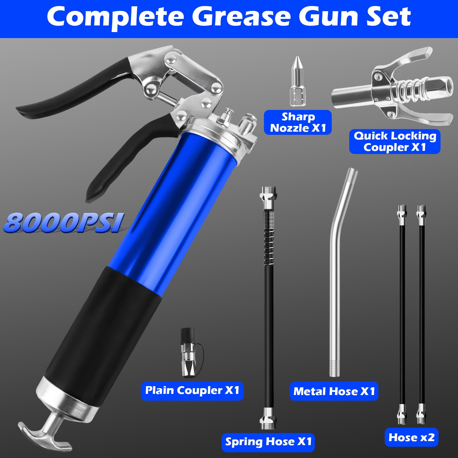 Ingrassatore Manuale 8000PSI Ingrassatore Professionale con Tubo Flessibile Tubo Metallico e G Pistola Grasso Accoppiatore Pistola per Grasso Manuale Adatto Cartucce da 400g - Blu
