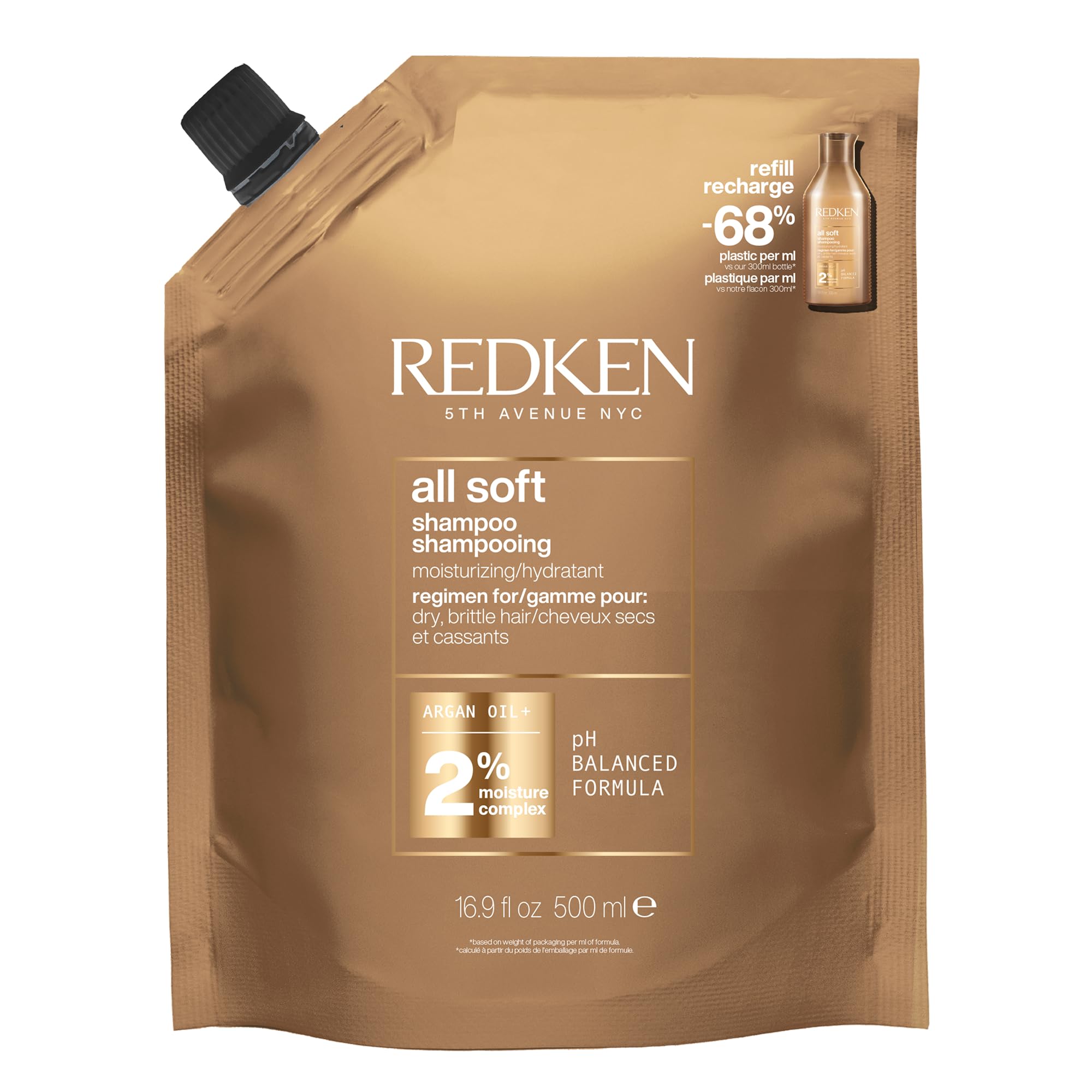 Redken All Soft Argan Oil Shampoo For Dry And Brittle Hair, Gentle Cleanser Formulated With Moisture Complex To Provide Intense Softness And Shine, 500ml