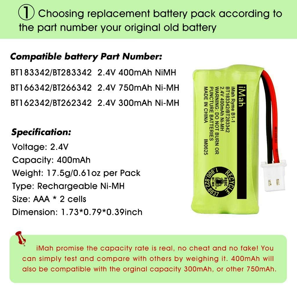 Super Sale 🛒 iMah BT183342/BT283342 2.4V 400mAh Ni-MH Battery Pack Compatible for BT166342/BT266342 BT162342/BT262342 2SN-AAA40H-S-X2, 6-Pack Black Friday - 80% OFF iMah BT183342/BT283342 2.4V 400mAh Ni-MH Battery Pack Compatible for BT166342/BT266342 BT162342/BT262342 2SN-AAA40H-S-X2, 6-Pack