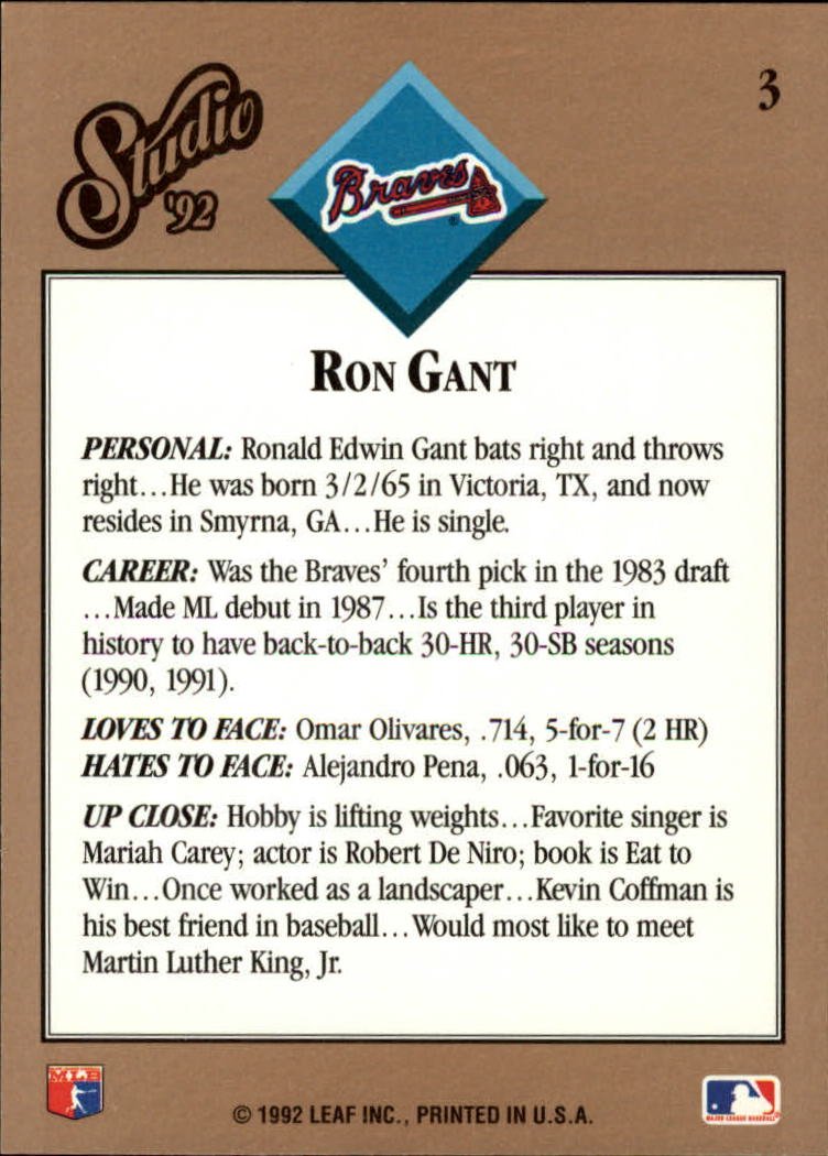 Amazon.com: 1992 Studio Baseball Card #3 Ron Gant : Collectibles & Fine Art