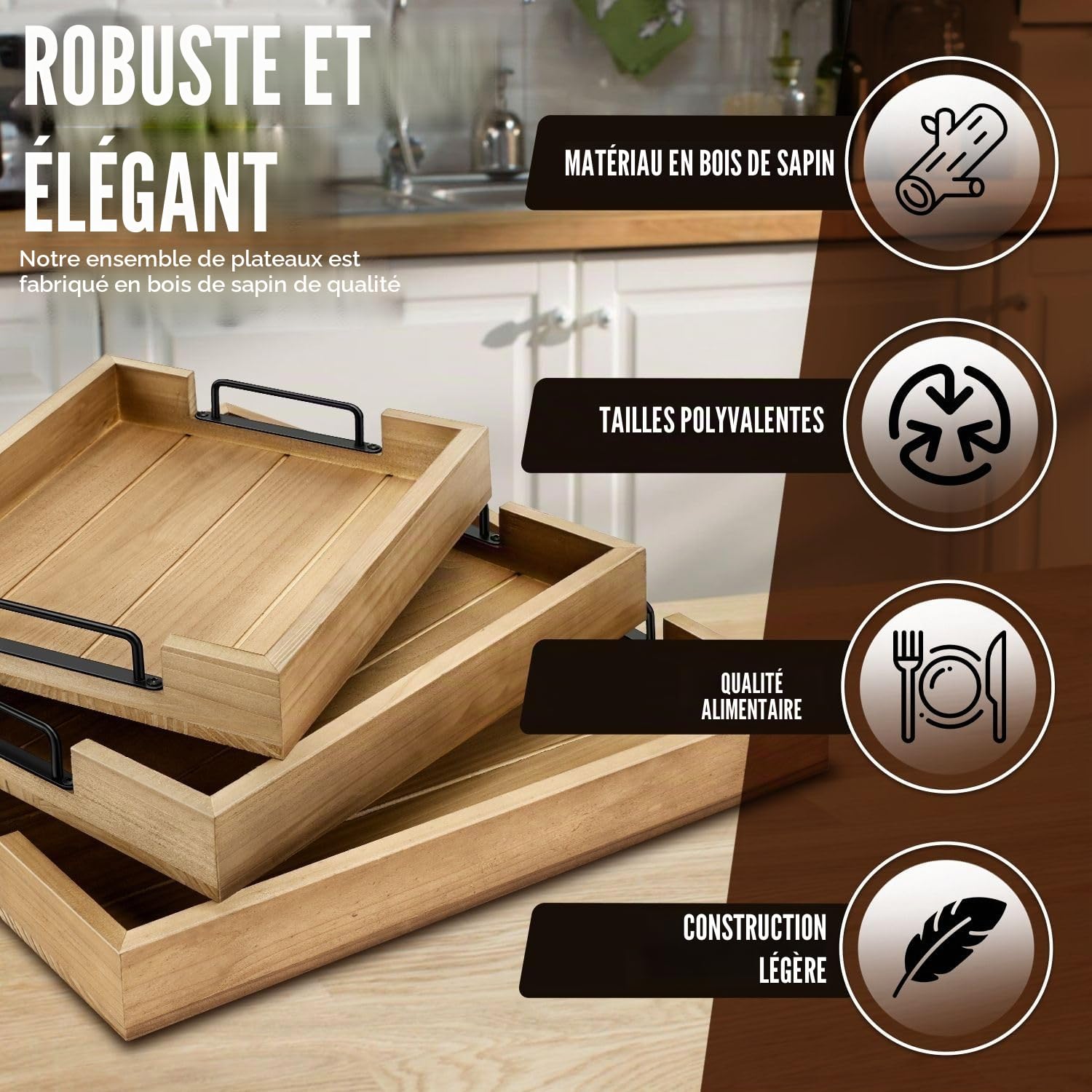 Flexzion Lot de 3 plateaux de service rustiques empilables en bois de sapin avec poignée, plateau à charcuterie imbriqué durable pour table basse ottomane, plateau de nourriture et de décoration