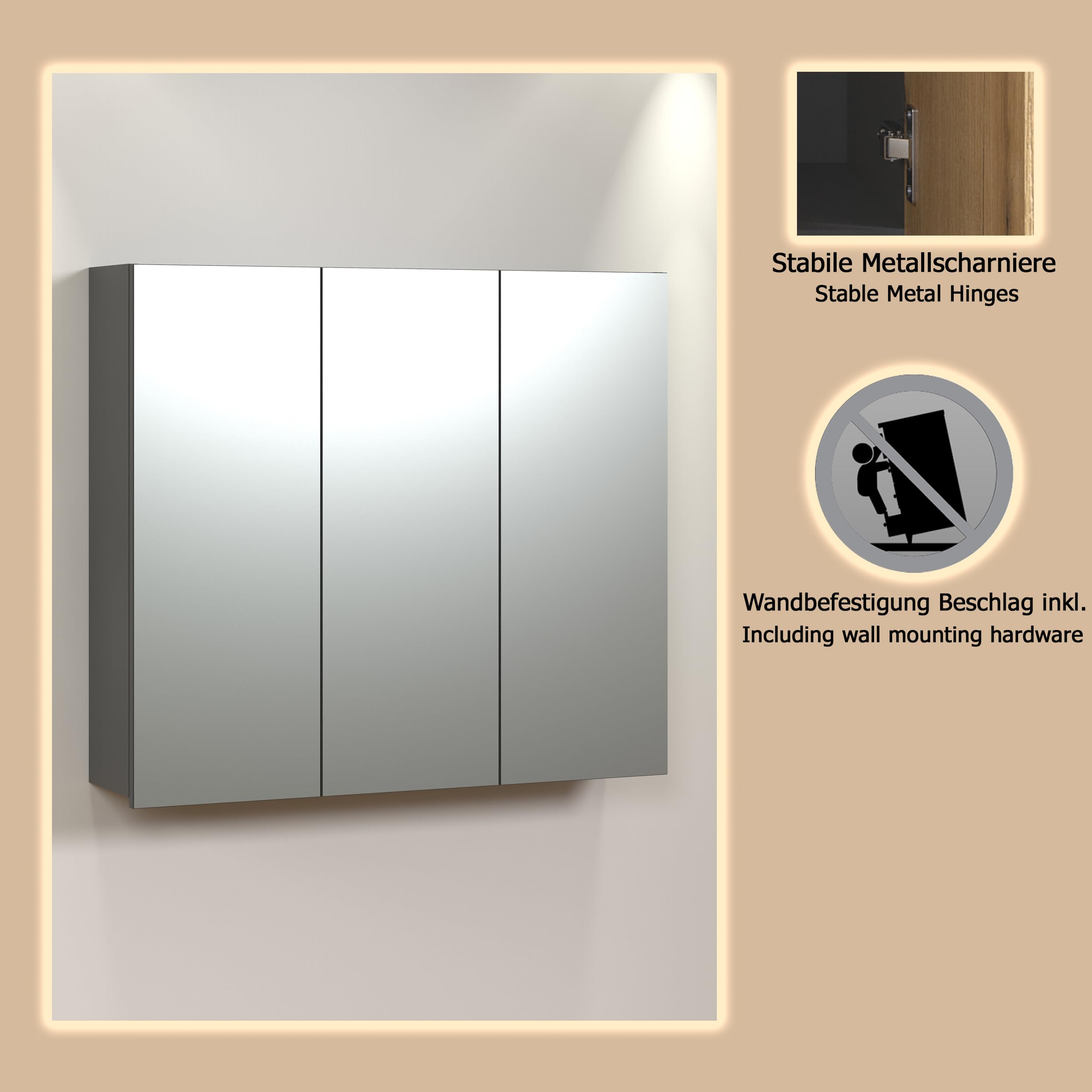 Spiegelschrank PureBliss Anthrazit / Spiegelglas · B 90 x H 80 cm