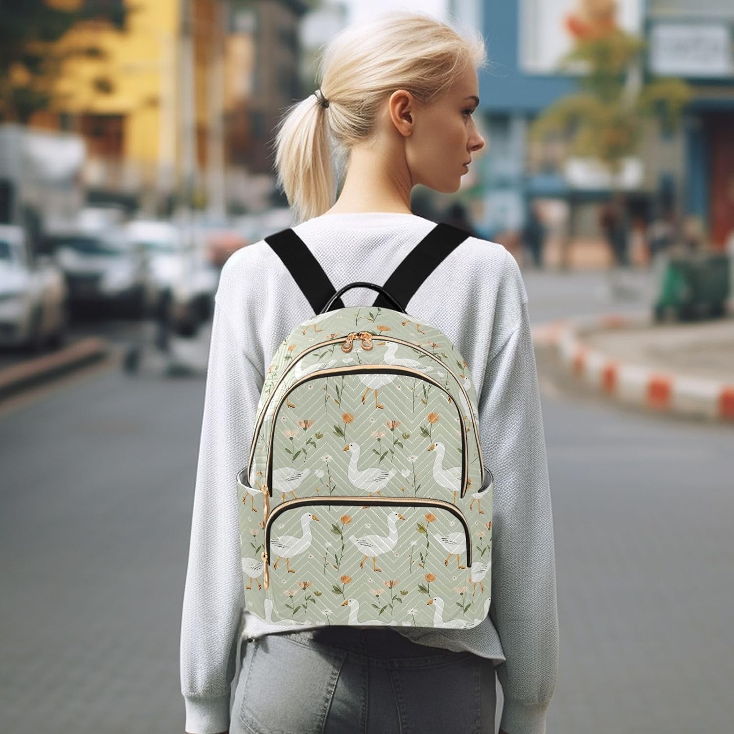 ALAZA Goose Duck Flower Floral Women Backpack Purse Ladies Fashion Shoulder Bag Daypack Travel Bag 10L