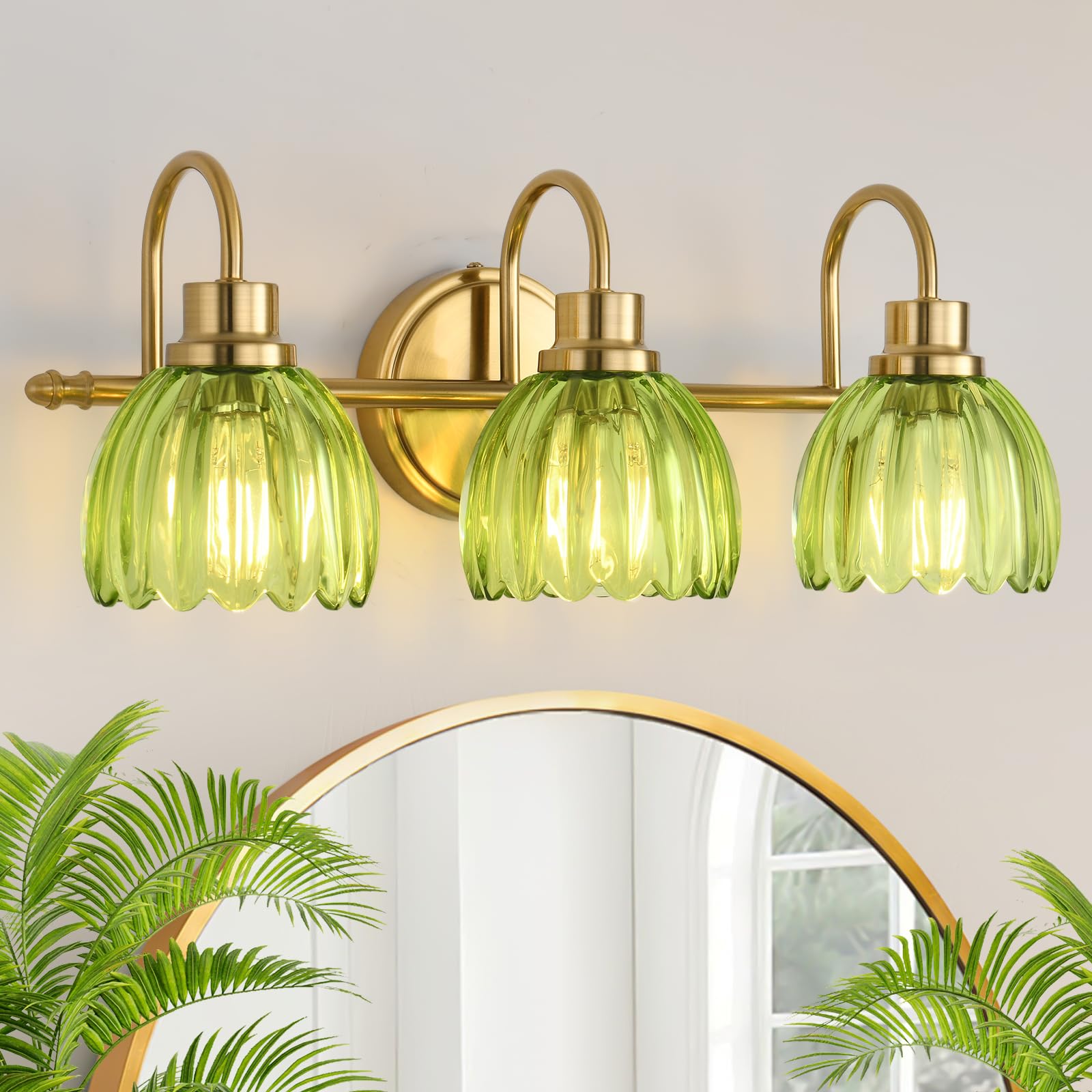 UnicozoHome Bathroom Light Fixtures (3-Light, 20 Inch), Brushed Gold Vanity Lights for Bathroom with Ribbed Green Tulip Glass Shade, Vintage Vanity