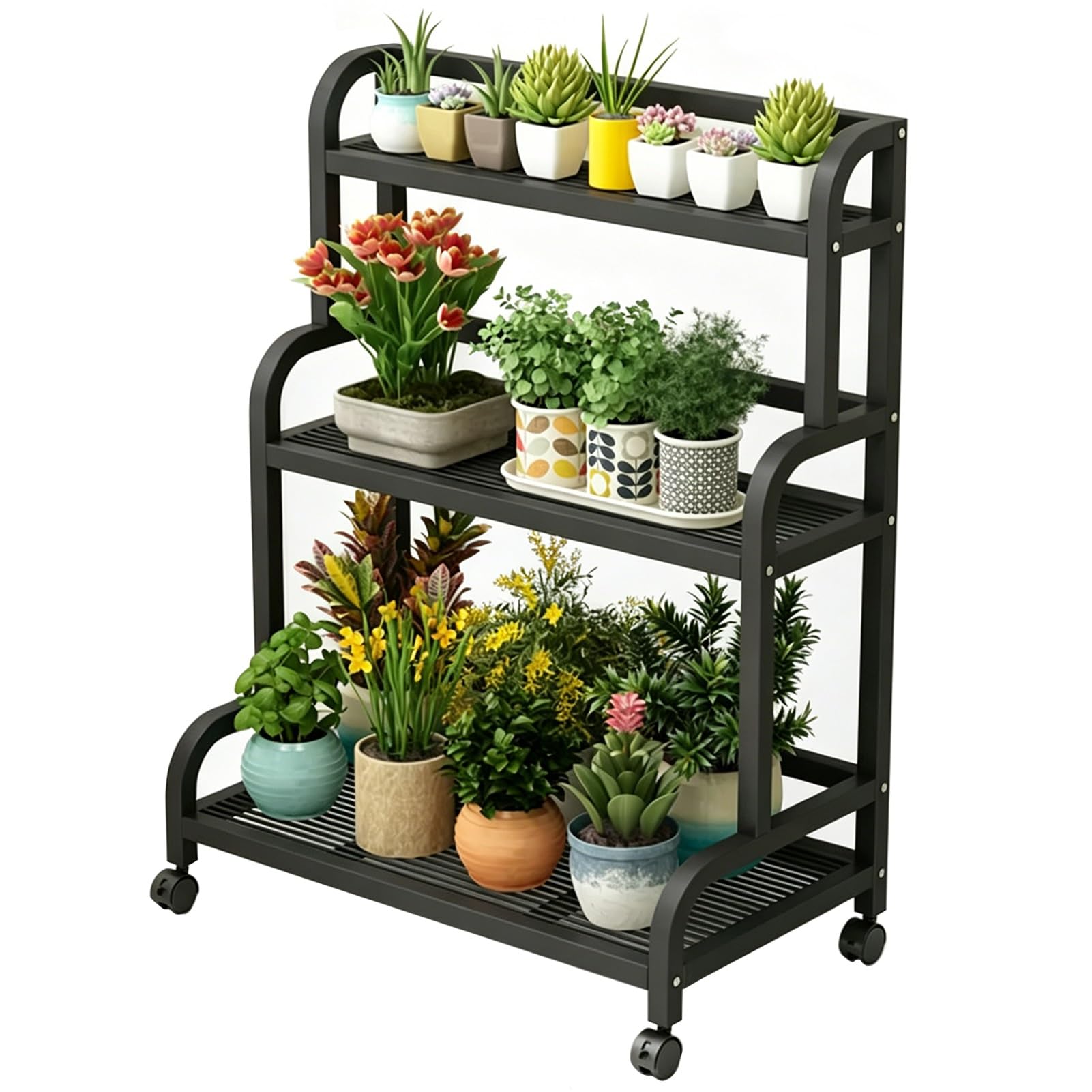 DMCHENGMA 3-Tier Black Wrought Iron Plant Stand with Wheels - Heavy-Duty Tall Corner Flower Pot Shelf | Space-Saving Metal Planter Rack(80x40x107cm)