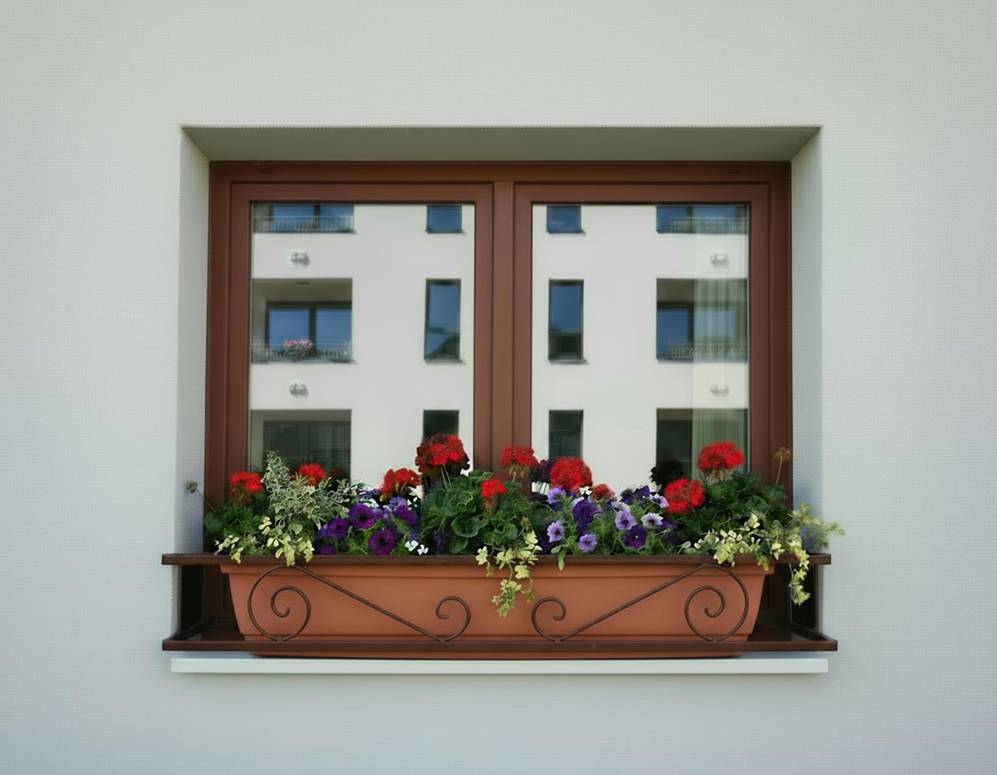Balconcillo para Macetas Extensible 100-140 cm, Balconcillo para Plantas, Portamacetas Ventana, Protector de macetas, Modelo Volutas, Marrón Forja