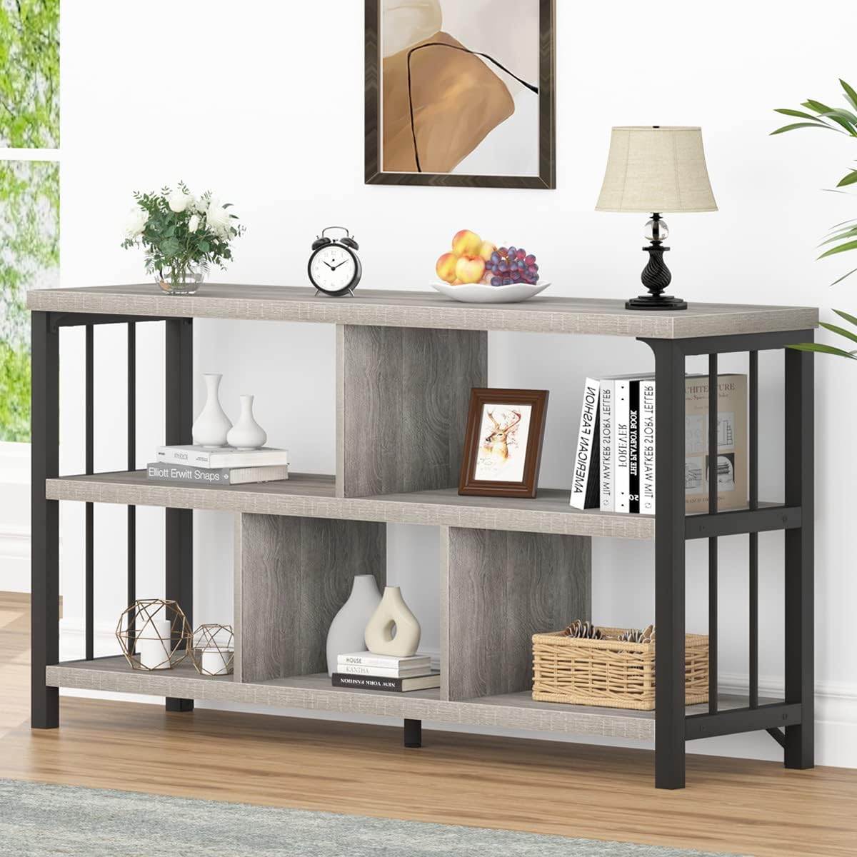 Industrial Horizontal Bookshelf, Modern 5 Cube Storage Organizer Open Shelf, Low Wide Cubby Bookcase for Home Office Living, Wooden Metal Short Book Shelf Bedroom Storage, Light Grey Oak, 47 Inch