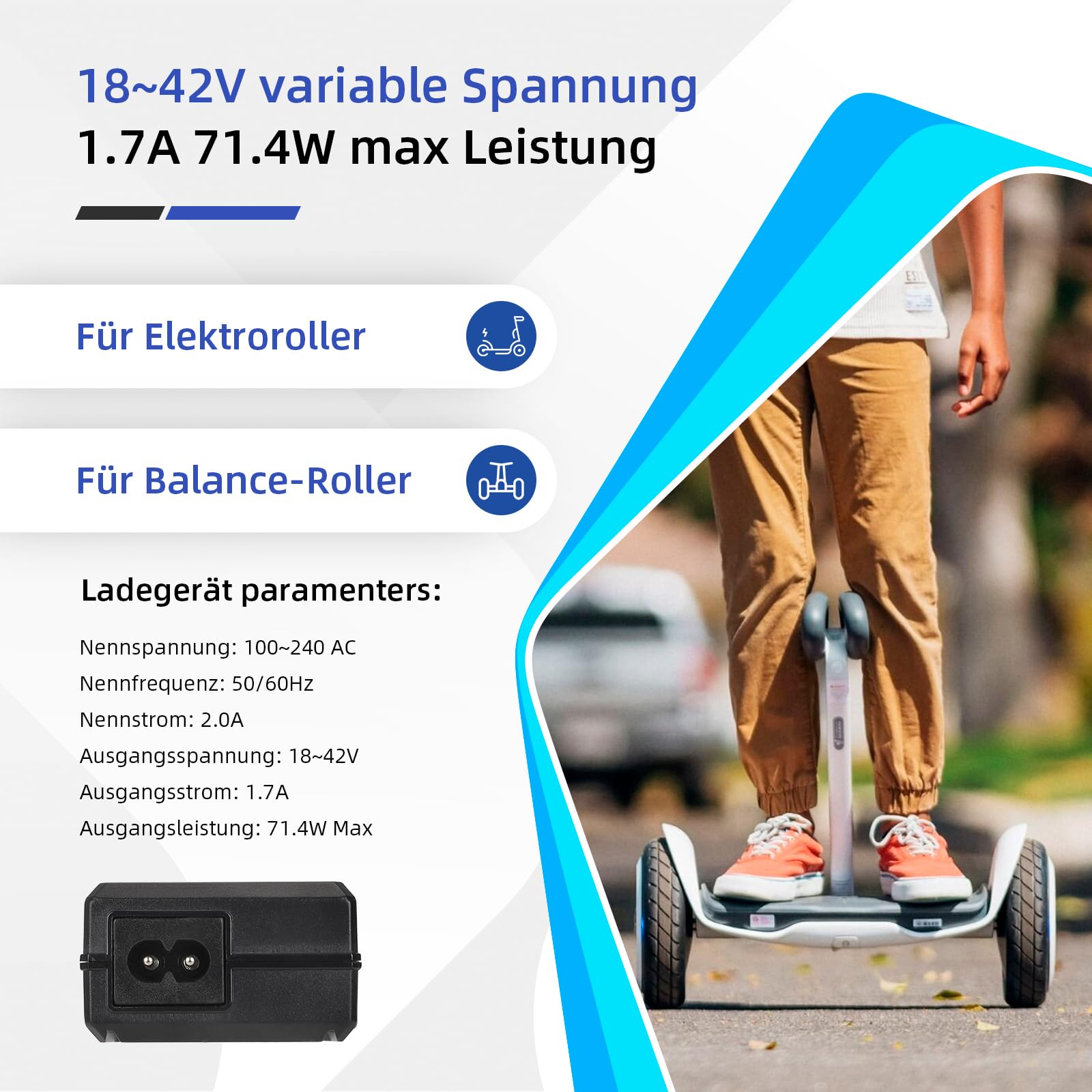 ulip Ładowarka do skutera, 42 V, ładowarka do skutera elektrycznego, 18 V/24 V/29,4 V/36 V, uniwersalna ładowarka do akumulatorów litowych z 6 przyłączami, 36 V E-Bike, szybka ładowarka do Xiaomi M365