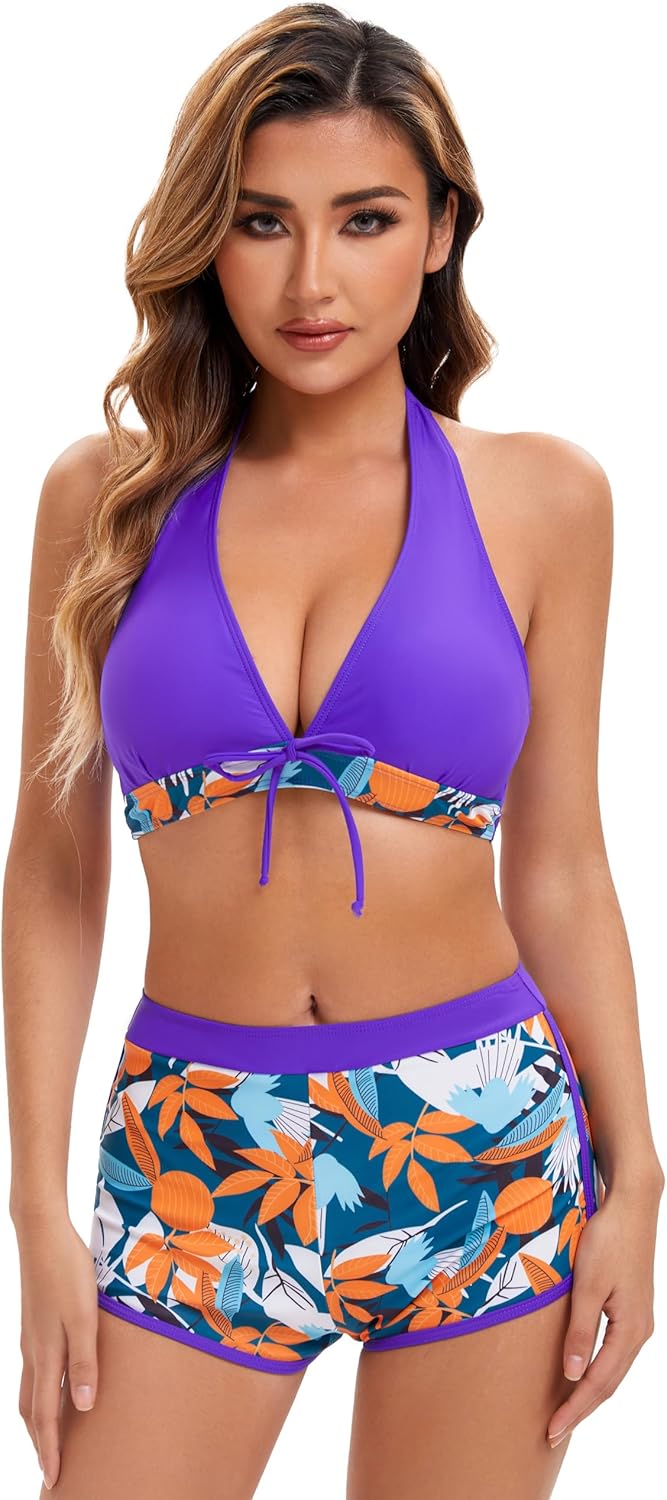 Women Two Piece Swimsuit Bathing Suits Floral Tropical High Waisted Beachwear Board Shorts Halter Tops - Image 4