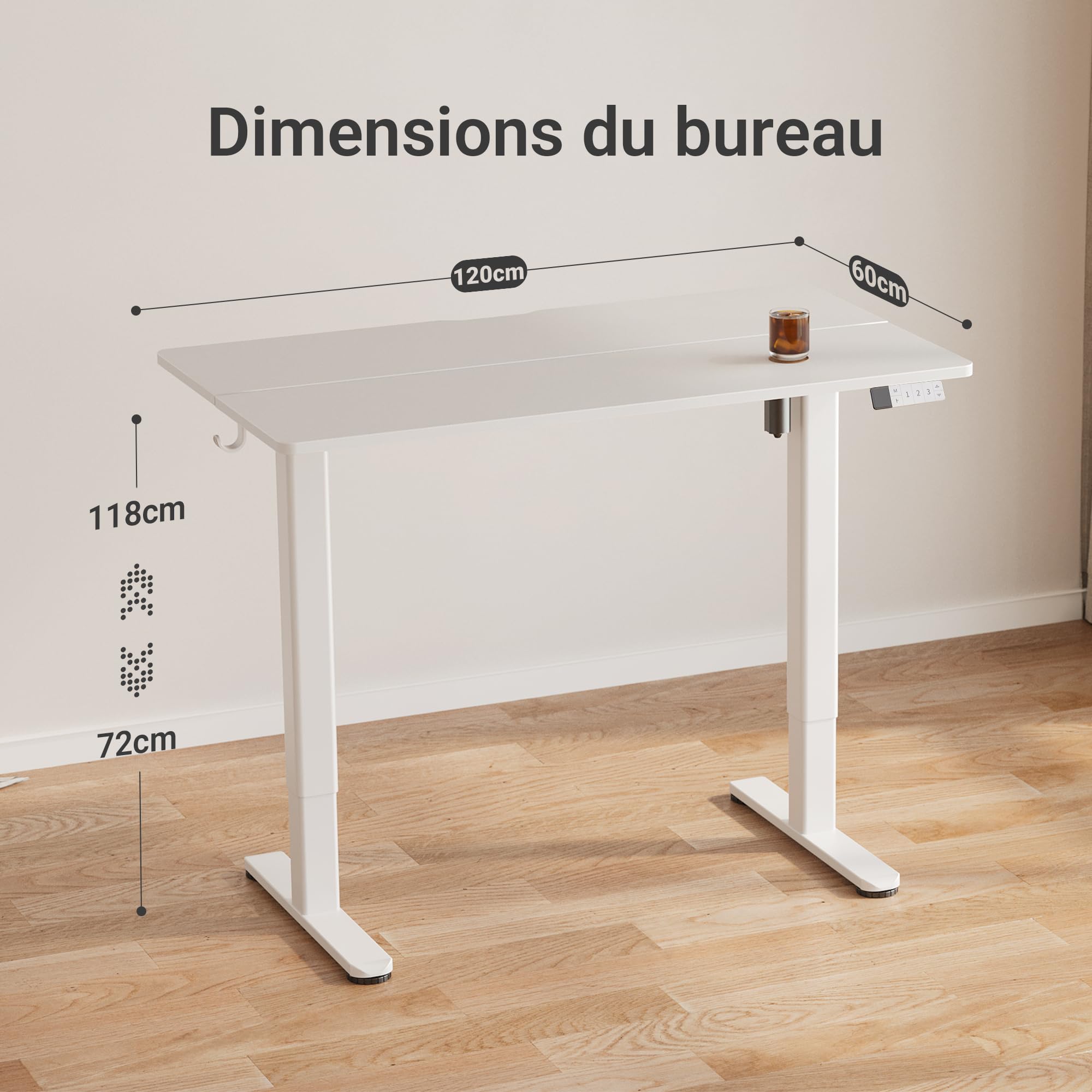 Claiks Bureau Assis Debout Électrique Réglable en Hauteur 120 x 60 cm avec Gestion des Câbles et Fonction Mémoire