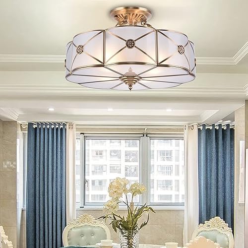 Lámpara de techo semiempotrada de 18 pulgadas, lámpara de techo Tiffany color crema ámbar con cuentas de vitral, decoración de isla, cocina, bar,