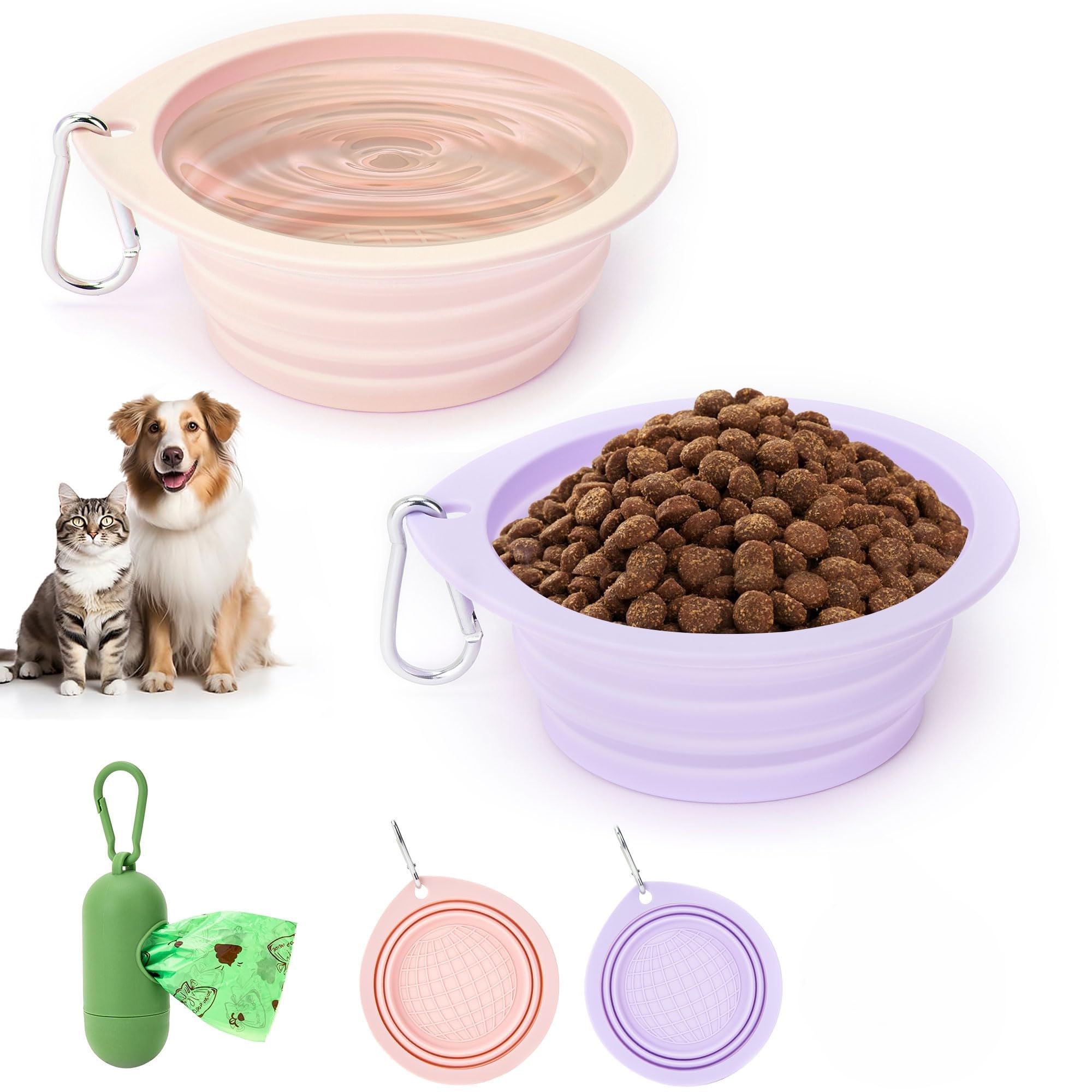 3 Piezas Bebedero Plegable Perro de Silicona, Cuenco Plegable Perro con Dispensador de Bolsas, Bebedero Portatil Perro y Comedero Perro para Paseo, Senderismo,Camping y Viaje al Aire Libre, 350 ml
