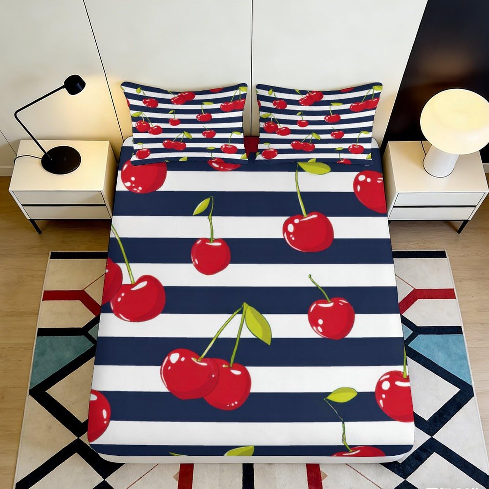 3D Printed Cherry Striped Fitted Sheet Microfiber Deep Pocket Bedroom Bedding Cherry Mattress Fitted Cover Non-Slip Washable for Adults Teens 140x200x25cm