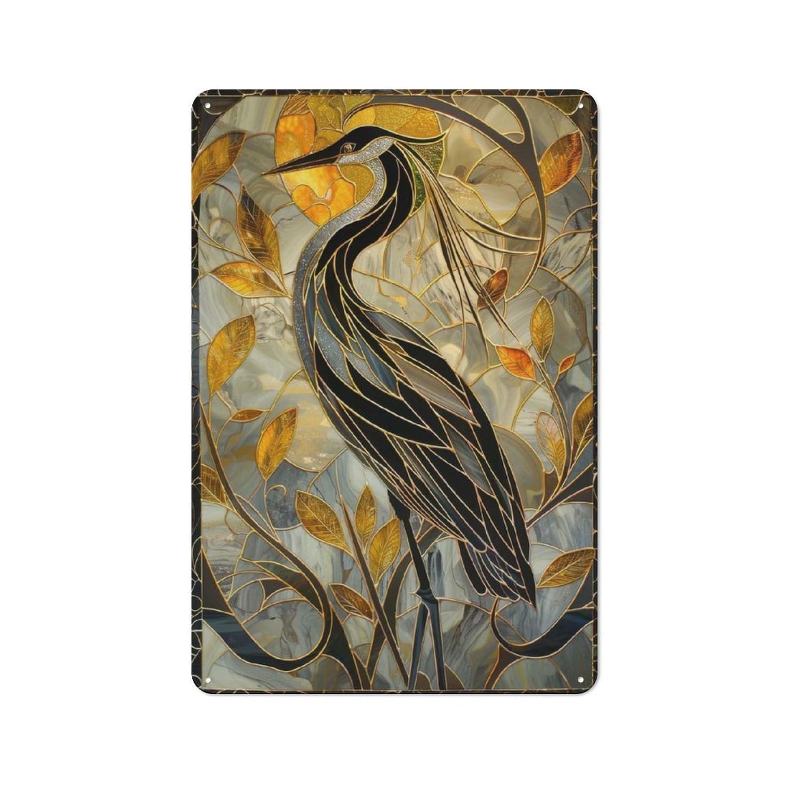 Kintsugi Heron Stained Glass Printed Metal Sign 30x20cm for Hobby Room Or Studio, for Creative Interior Collectors