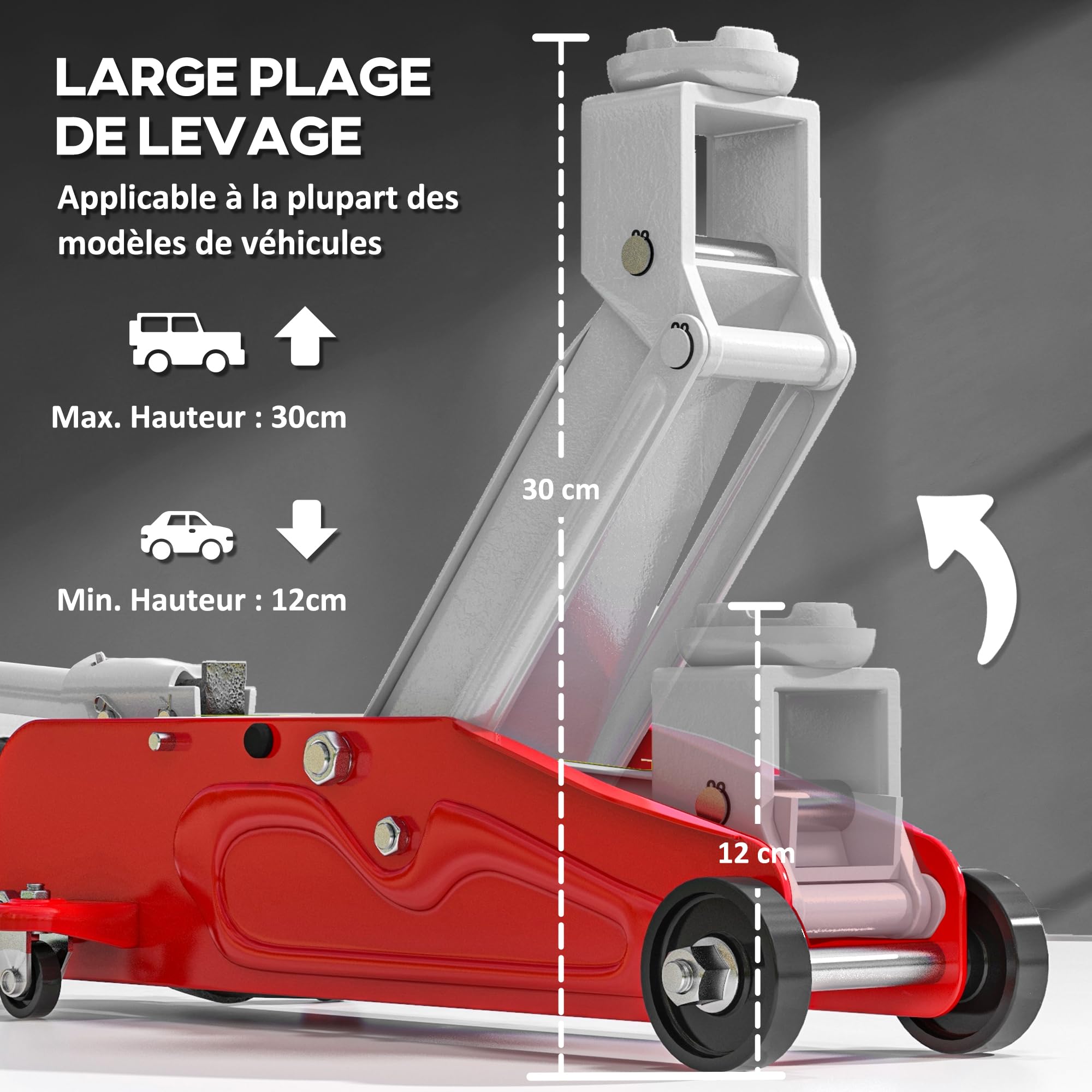 HOMCOM Cric Hydraulique à Profil Capacité de Levage 12-30 cm Charge 2000kg | Bas en Acier Robuste Rouge