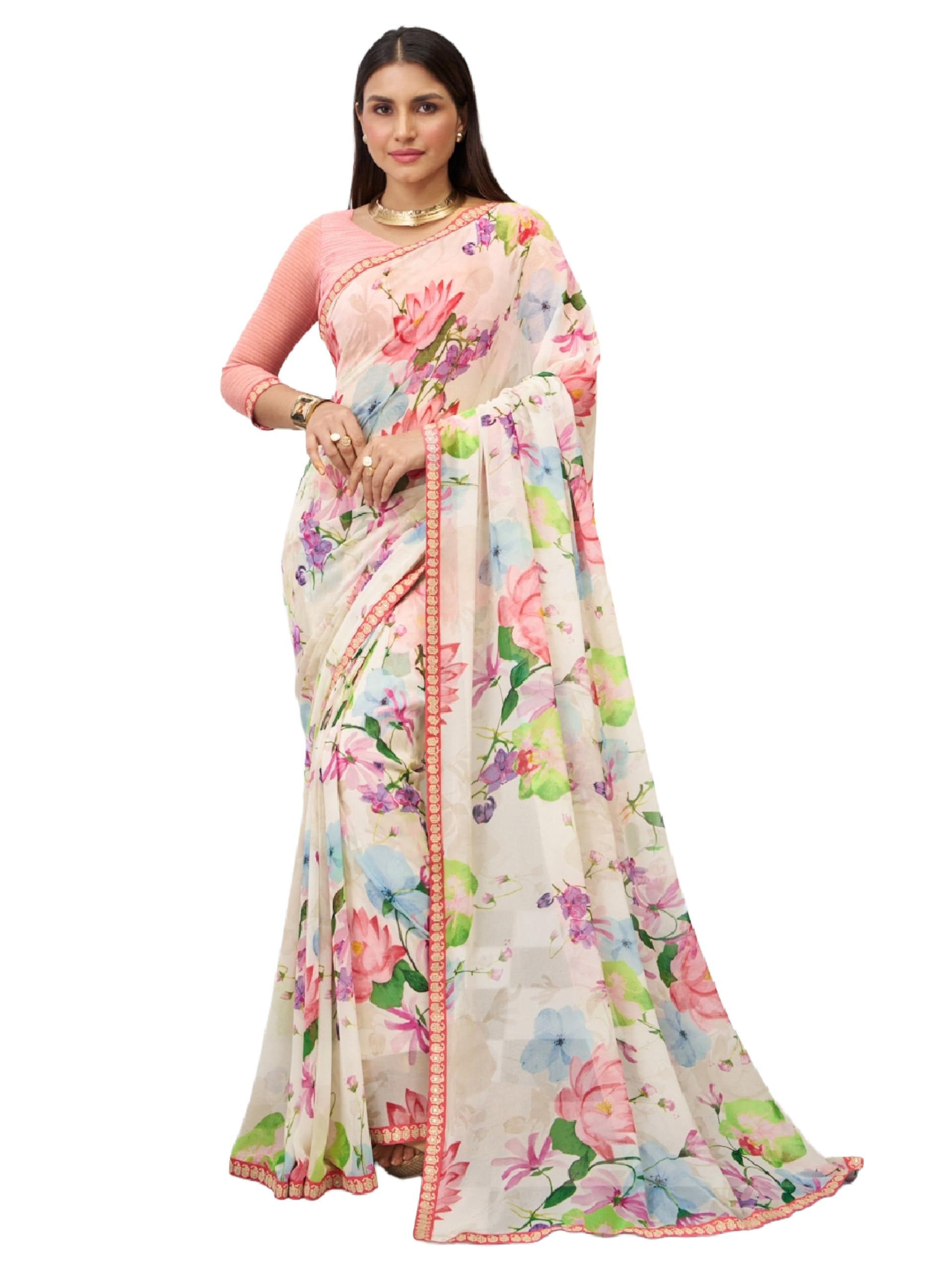laxmipati sarees Laxmipati Bhaavana White Georgette Floral Printed Saree-picture-36