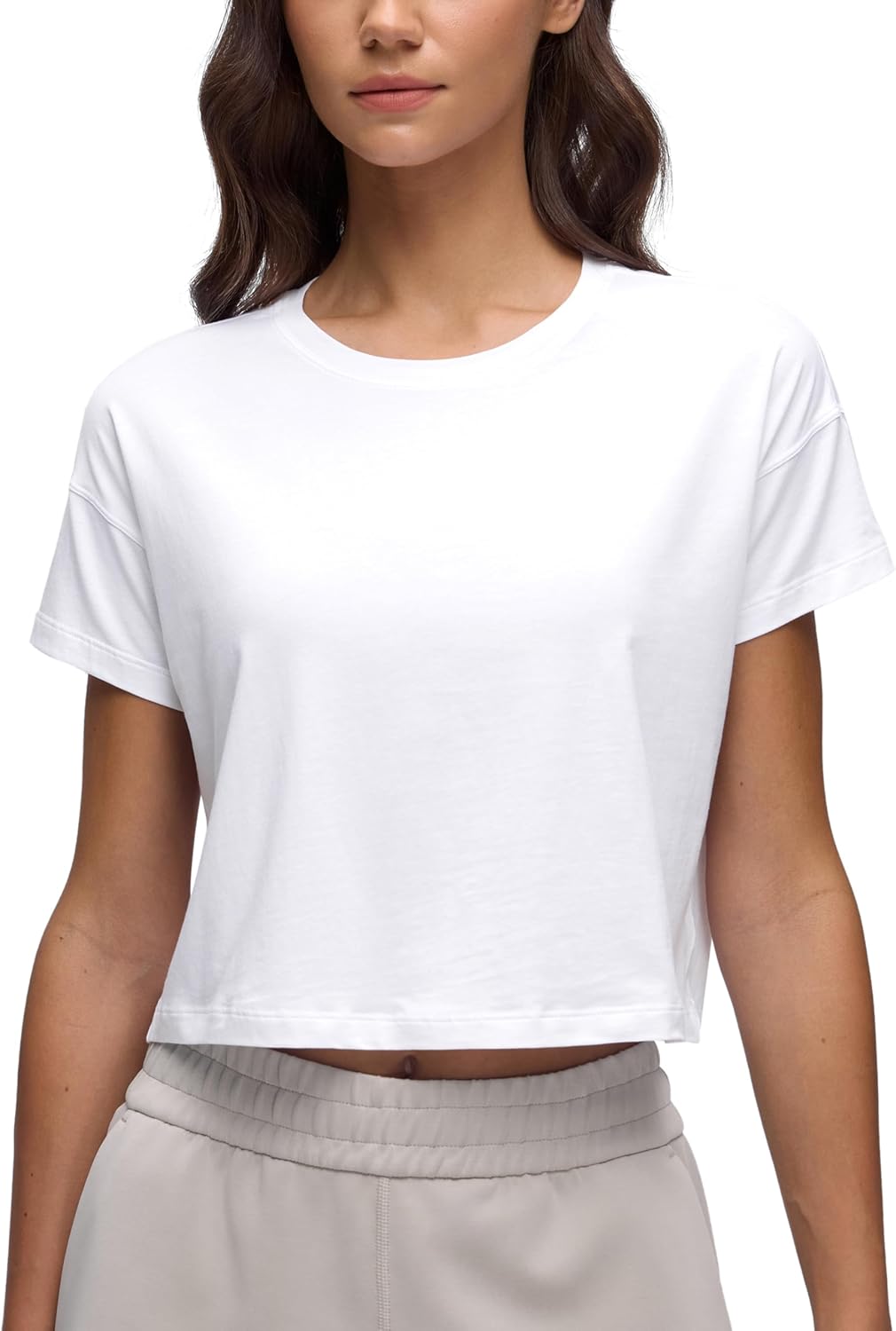 CRZ YOGA Pima Cotton Relaxed Crop T-Shirts for Women - Workout Athletic Gym Casual Short Sleeve Shirts Loose Crewneck Tops