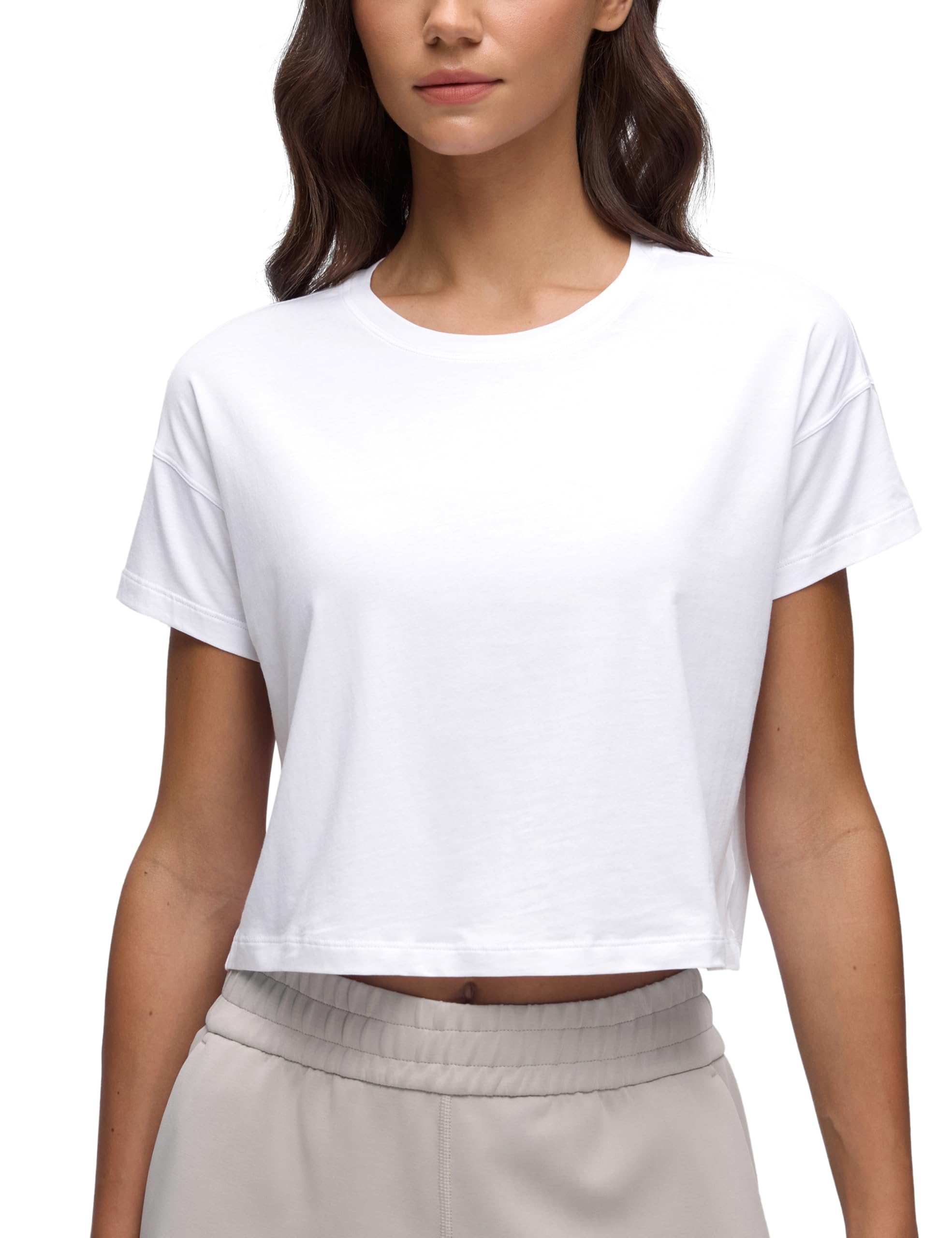 Pima Cotton Relaxed Crop T-Shirts for Women - Workout Athletic Gym Casual Short Sleeve Shirts Loose Crewneck Tops