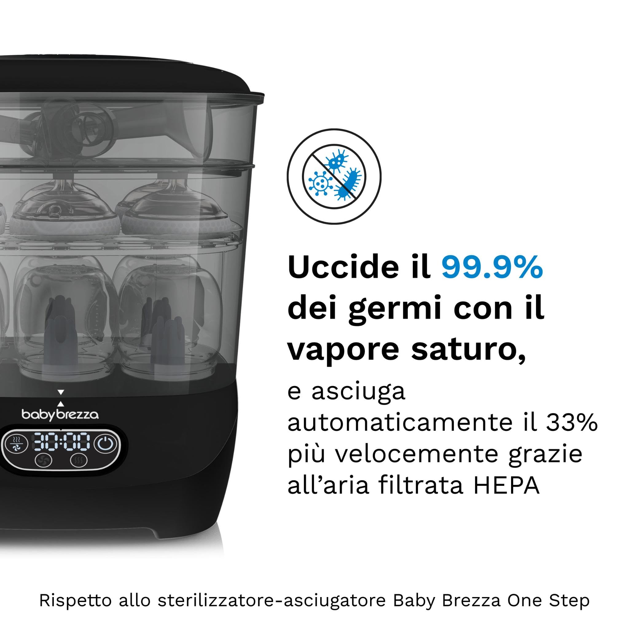 Baby Brezza Sterilizer Dryer Advanced – Sterilizzatore a Vapore per Biberon 4 in 1-33% più veloce, extra capiente con Filtro HEPA – Asciuga Biberon e Sterilizzatore Neonato universale