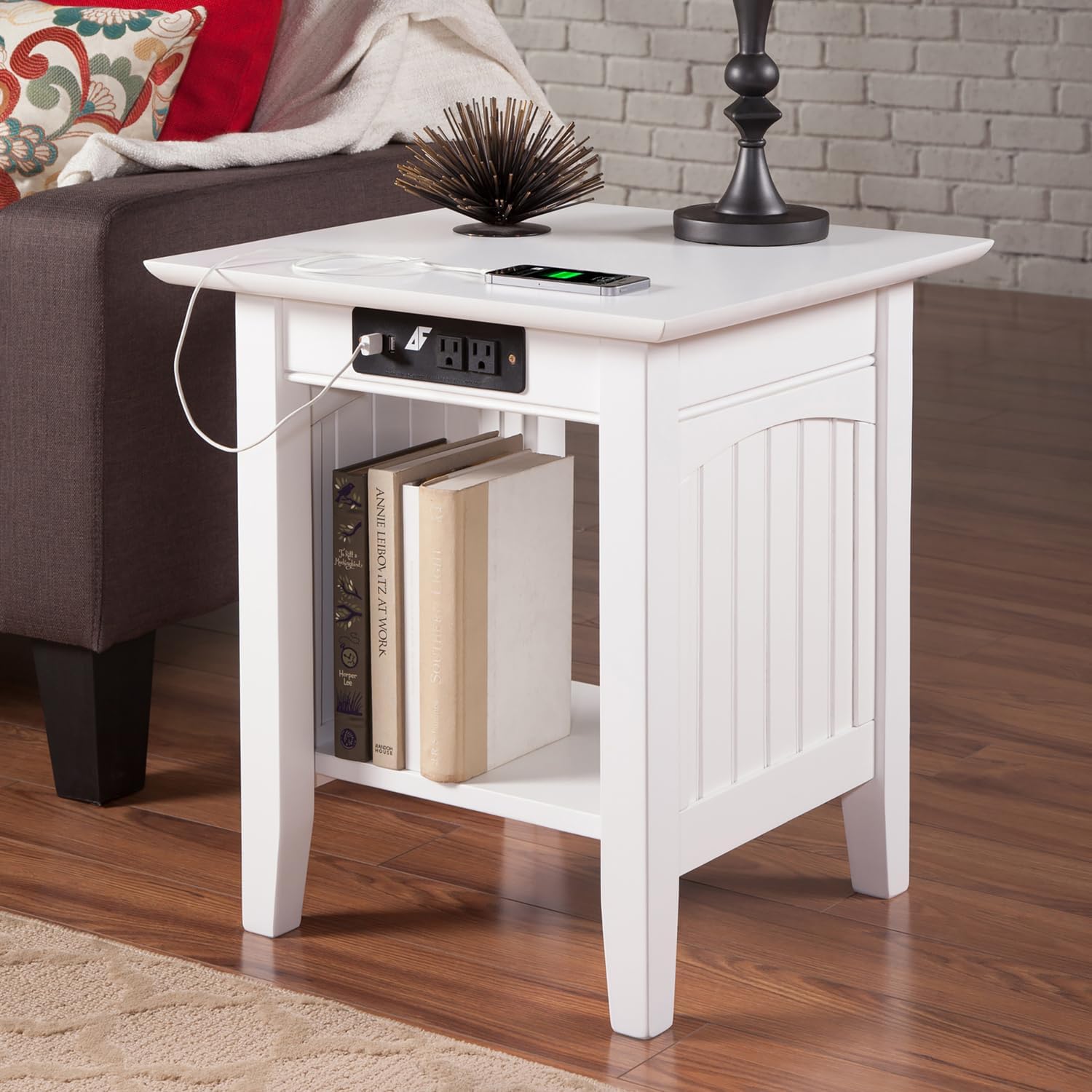 HomeStock Earthy Elegance End Table with Charging Station, Tongue and Groove Bead Board Design, Solid Hardwood Build, 20W X 20D X 22H, Open Bottom Shelf for Storage White/Single
