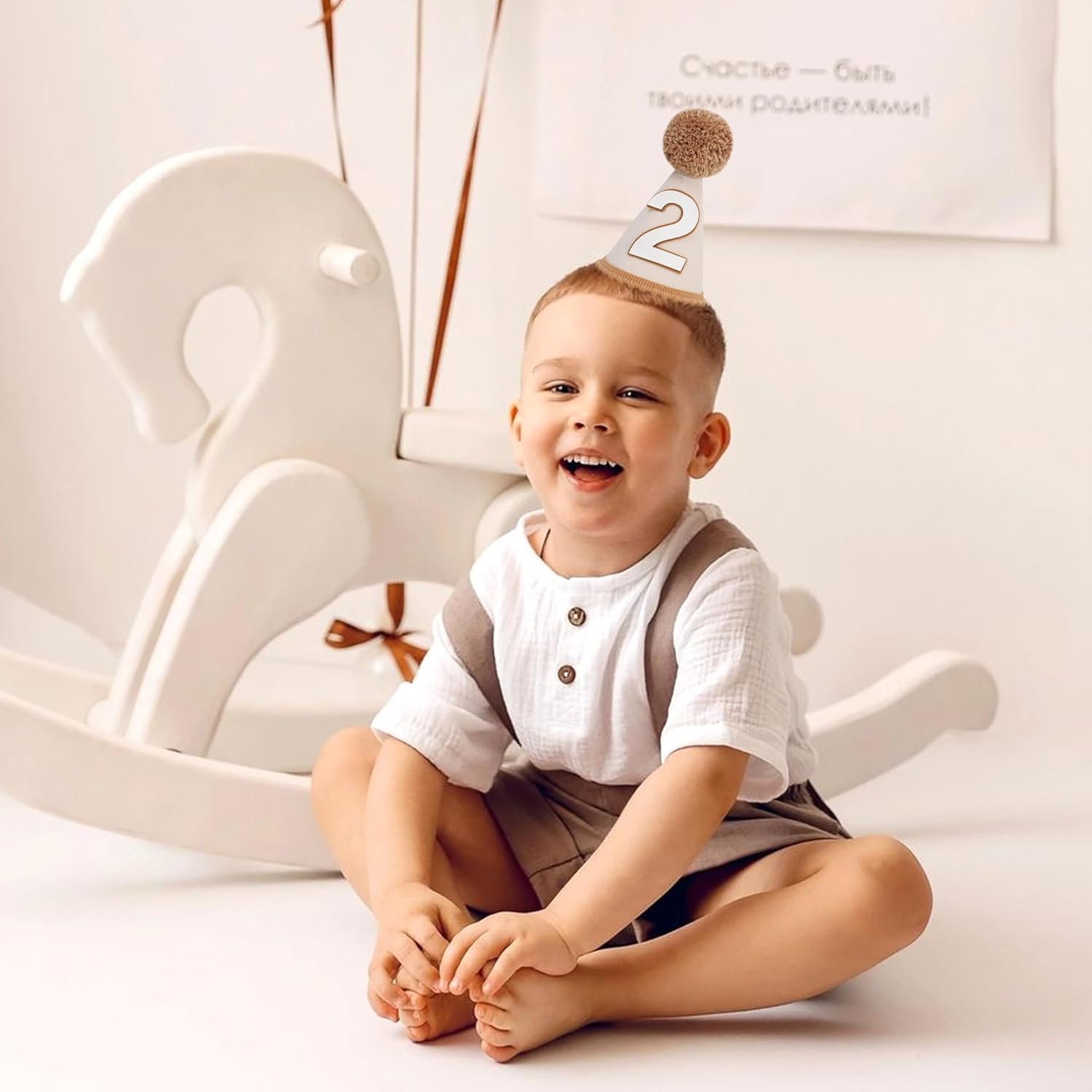 White Brown 2nd Birthday Hat - Second Birthday Party Decorations, Brown Simple Number Cone Hat, Boho Theme Party Decorations, Two Year Old Baby Party Hat Photo Props - Image 3