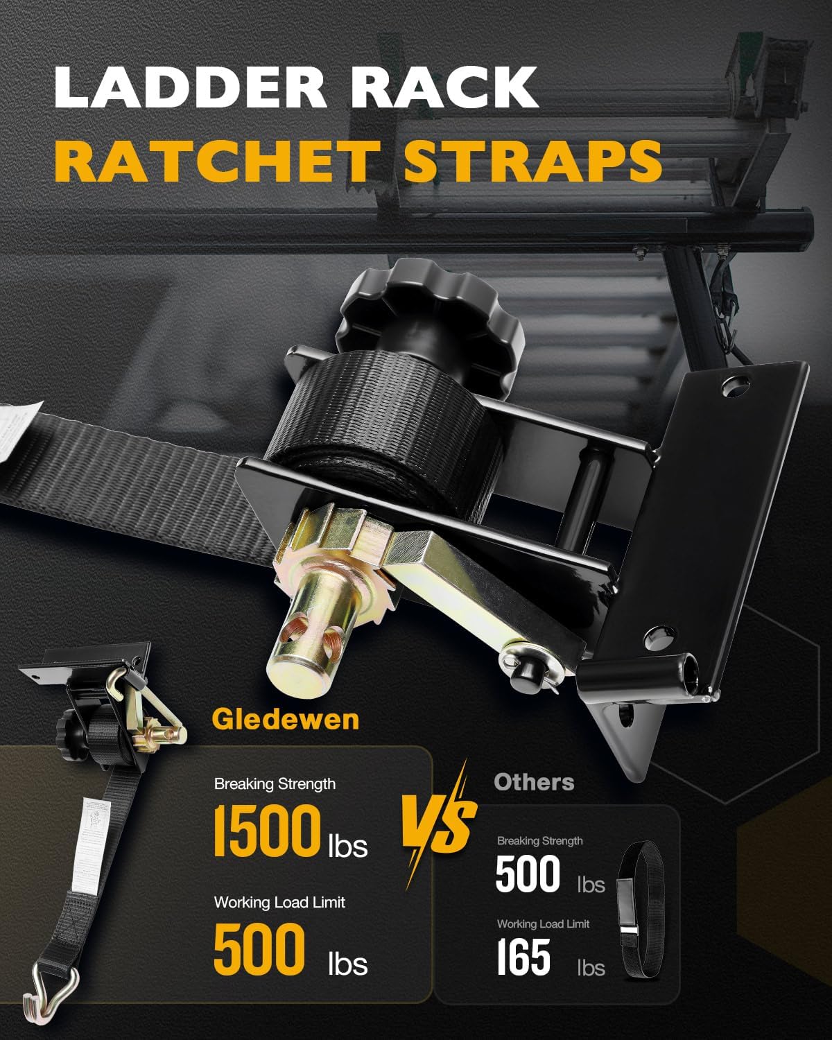 Ladder Rack Ratchet Straps with J-Hook (4 PCS), 1.4" Black Square Tube Mount, 1.5" Wide x 7.5' Long Black Retractable Ratchet Tie Down Strap Roof Rack, 500 lbs Load Heavy Duty, Cargo Buckle Lock Strap