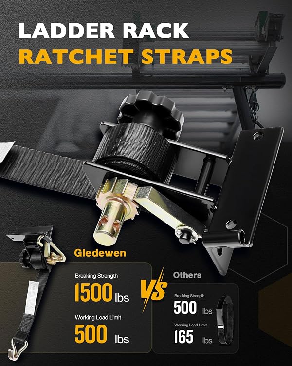 Ladder Rack Ratchet Straps with J-Hook (Pair), 1.4" Black Square Tube Mount, 1.5" Wide x 7.5' Long Black Retractable Ratchet Tie Down Strap Roof Rack, 500 lbs Load Heavy Duty, Cargo Buckle Lock Strap by Gledewen - Image 2