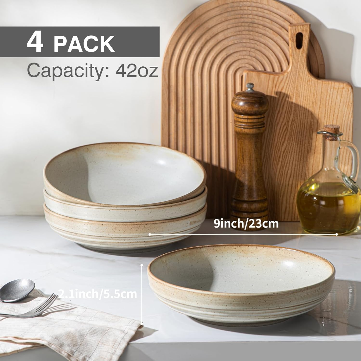 HAPPY KIT 9'' Pasta Bowls, 42oz Pasta Bowls Set of 4, Large Salad Bowl, Ceramic Serving Bowls,Double Reactive Glaze, Ideal for Housewarming, Festivals, Microwave Safe (Ivory) - Image 4