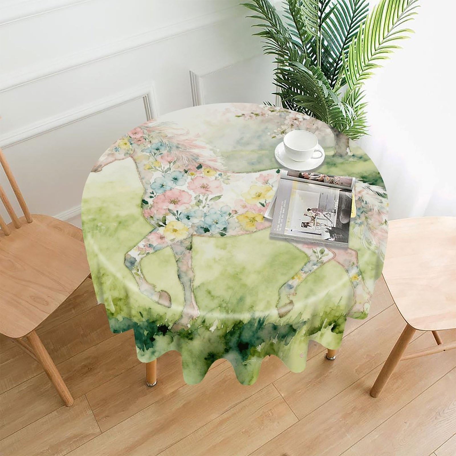 LDGSUPH Floral Horse Round Tablecloth Cover Washable Luxurious Fabric Table Cover Decor Wrinkle Free Fashion Round Table Cloth for Home Dining Kitchen Party 60 in