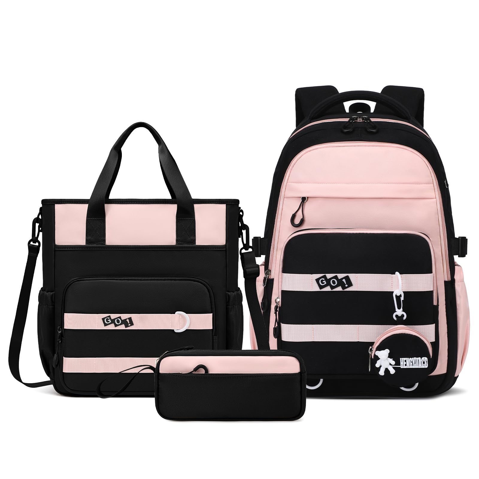 Amythe Mochila Escolar para Niñas Adolescentes 3 Piezas - Set Colegio Secundaria (Mochila Grande Chicas+Bandolera+Estuche) - Impermeable Ligera - Edad 11-18 Años -Rosa