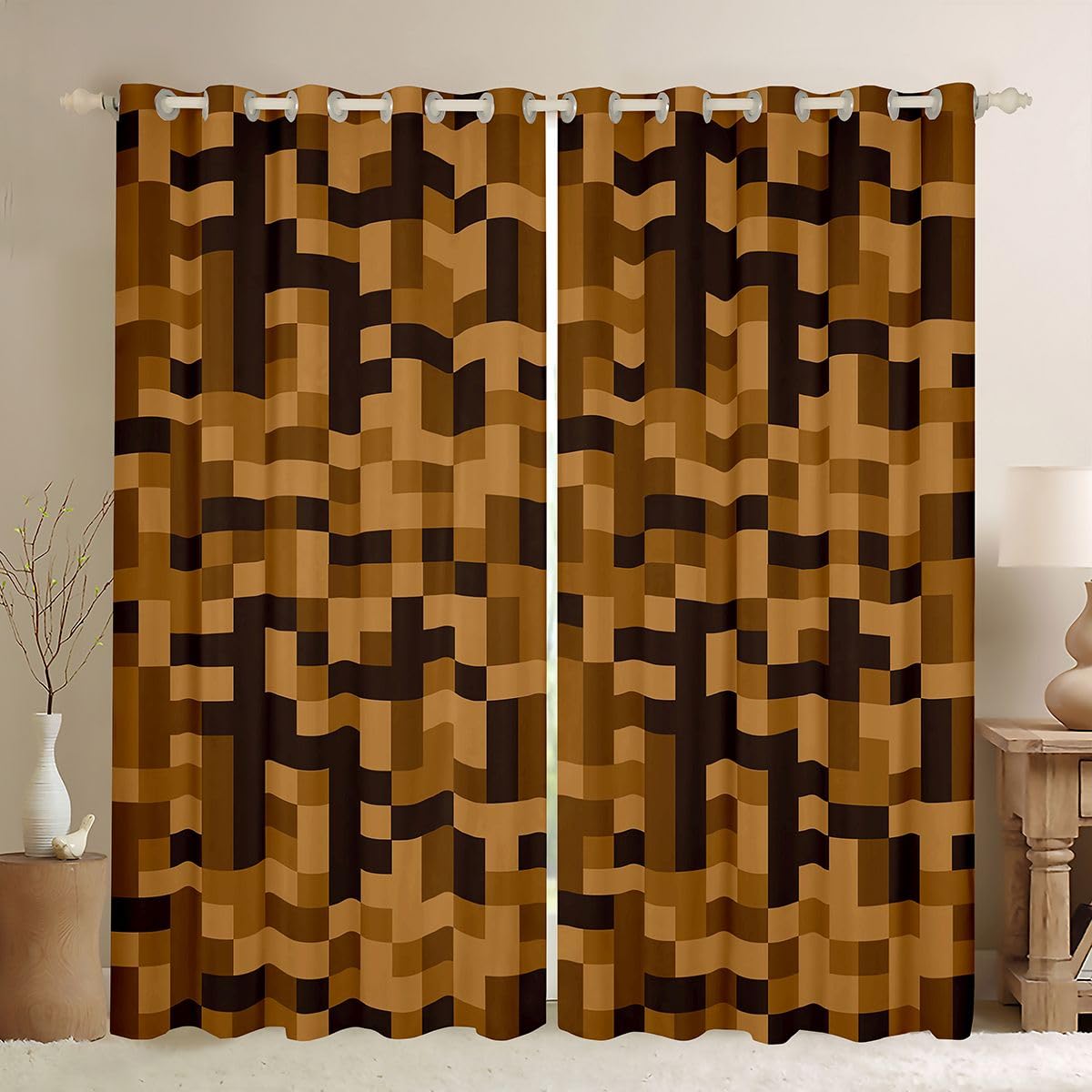 Homewish Brązowy blok pikselowy 117 cm szer. x 183 cm dł. zasłony zaciemniające, styl górników zasłona okienna do gier dla dzieci nastolatków graczy, sypialni, zabawne geometryczne zasłony i zasłony