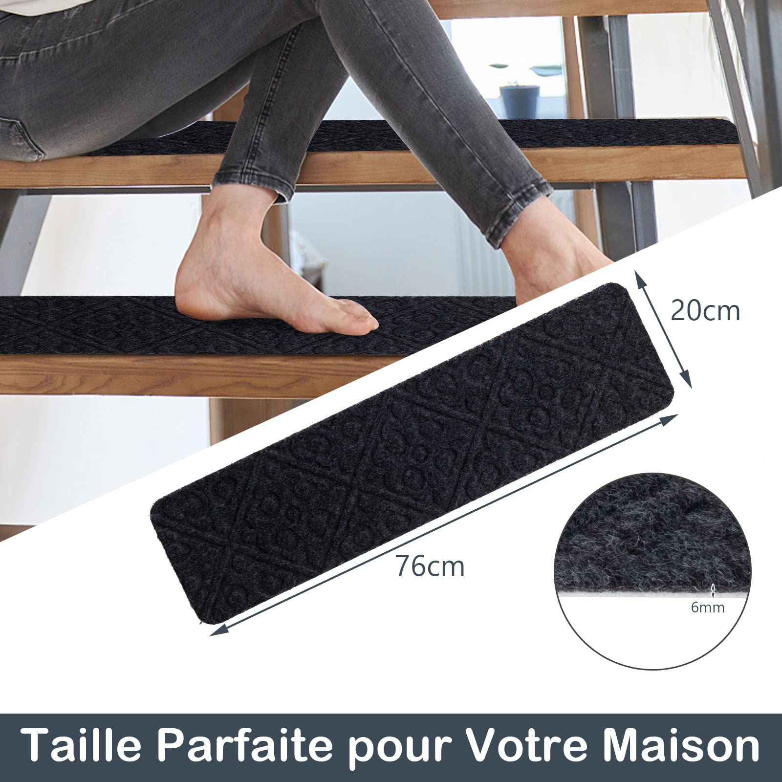 GOPLUS Lot de 15 Marchettes d’Escalier avec Surface Antidérapante, Tapis d’Escalier Antidérapant avec Design à Plusieurs Couches, Tapis de Sécurité, pour Enfants, Personnes Âgées, 76X20CM (Gris)