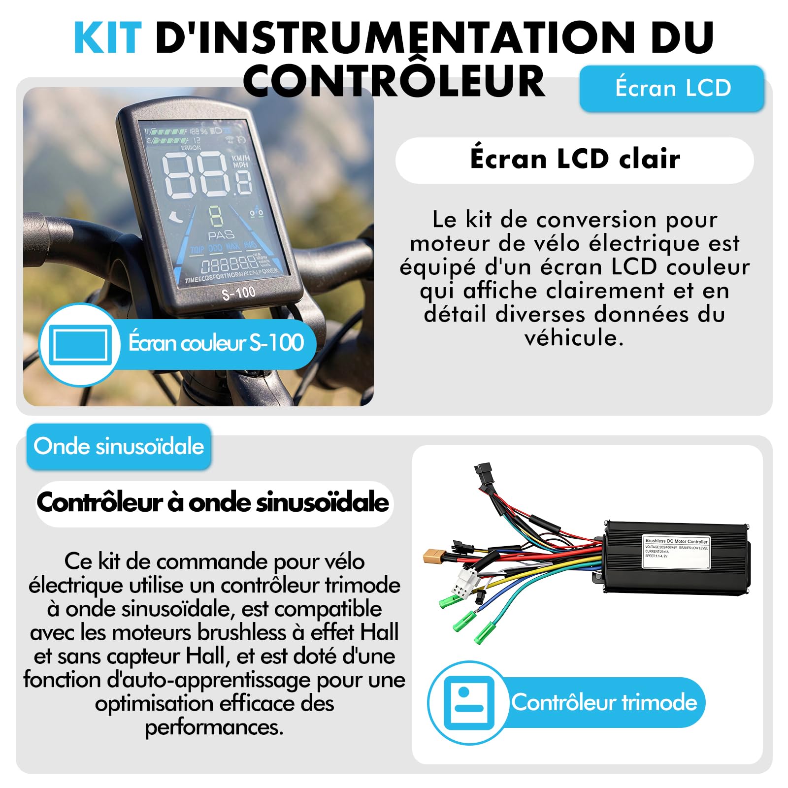 Kit de Commande de Moteur pour vélo électrique à 3 Modes de Fonctionnement, 36 V, 48 V, 500 W, 750 W, 26 A, kit de Commande pour vélos électriques avec écran LCD S-100 pour vélo électrique