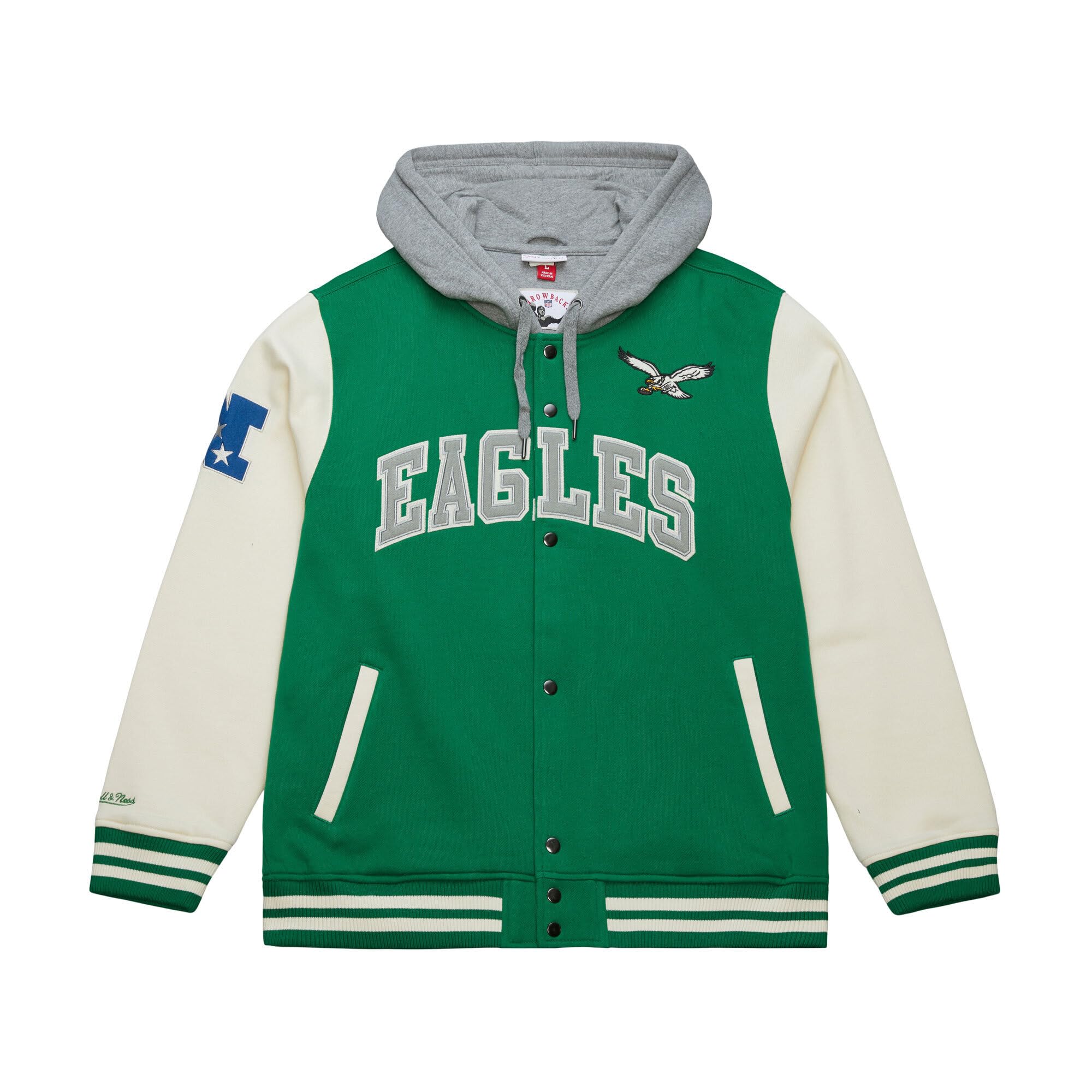 Mitchell & Ness Courtside NFL - Chaqueta de forro polar vintage con capucha, mangas de colores y cierre de botón a presión, unisex, primavera, verano, otoño, invierno
