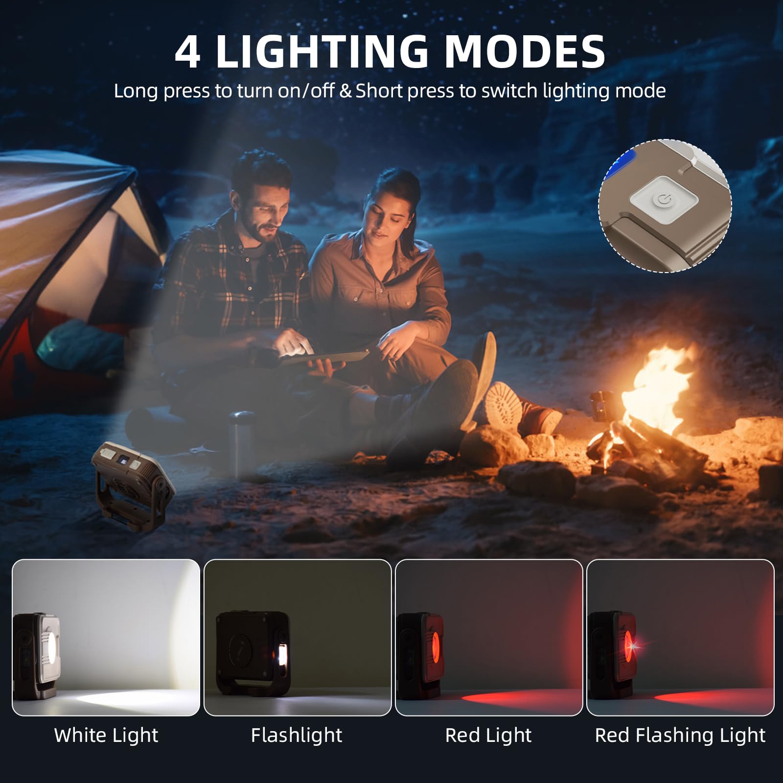 ERAY Foco LED Recargable - 1200 Lúmenes, 7 Modos, Batería 6000mAh, IP54 Impermeable, Imán y Gancho, Luz de Trabajo Portátil Ideal para Reparación, Camping, Garaje, Pesca, Taller, Emergencia