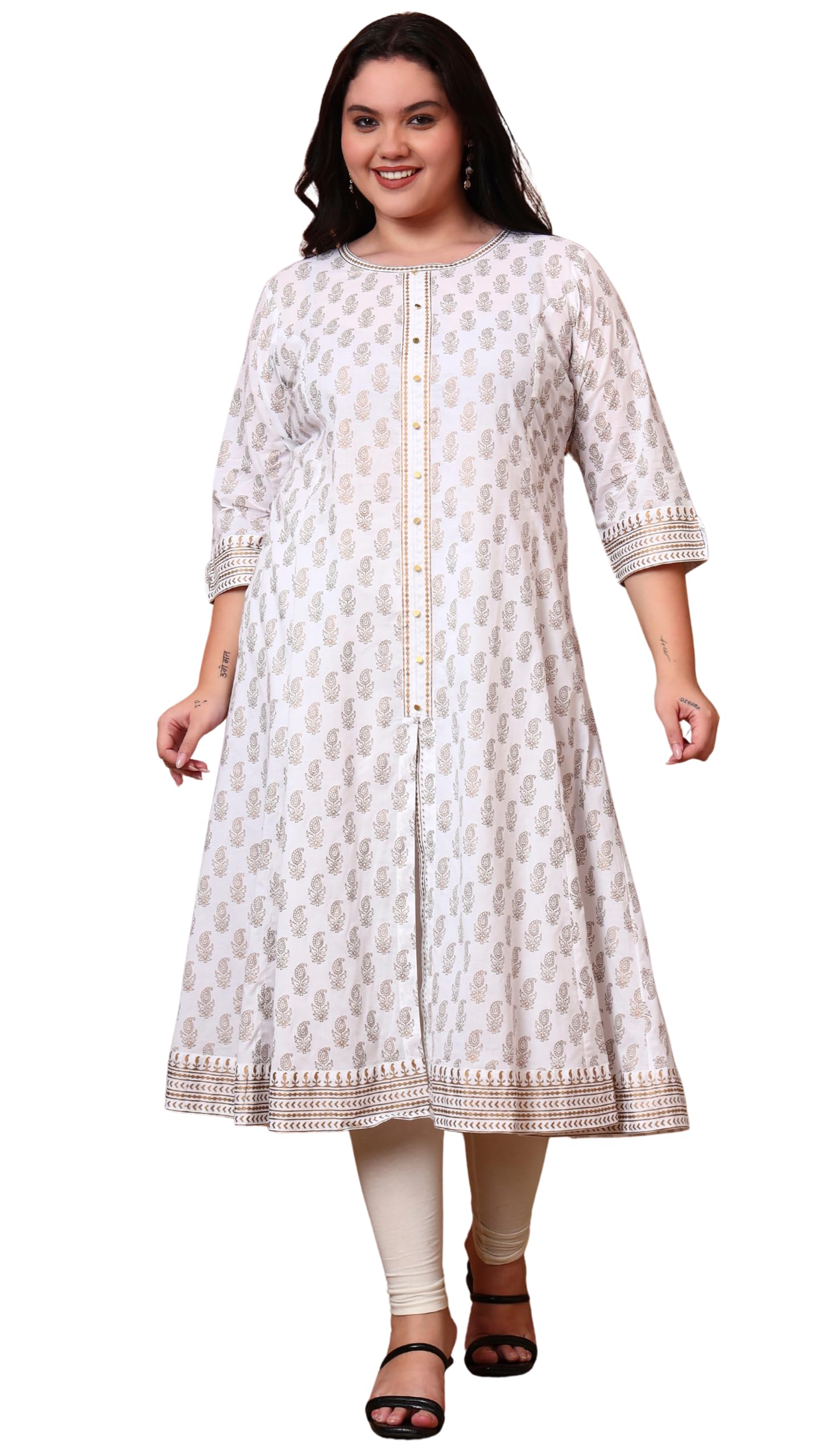 yash gallery Women's Cotton Relaxed Fit Anarkali Plus Size Gold Printed Kurta-picture-41