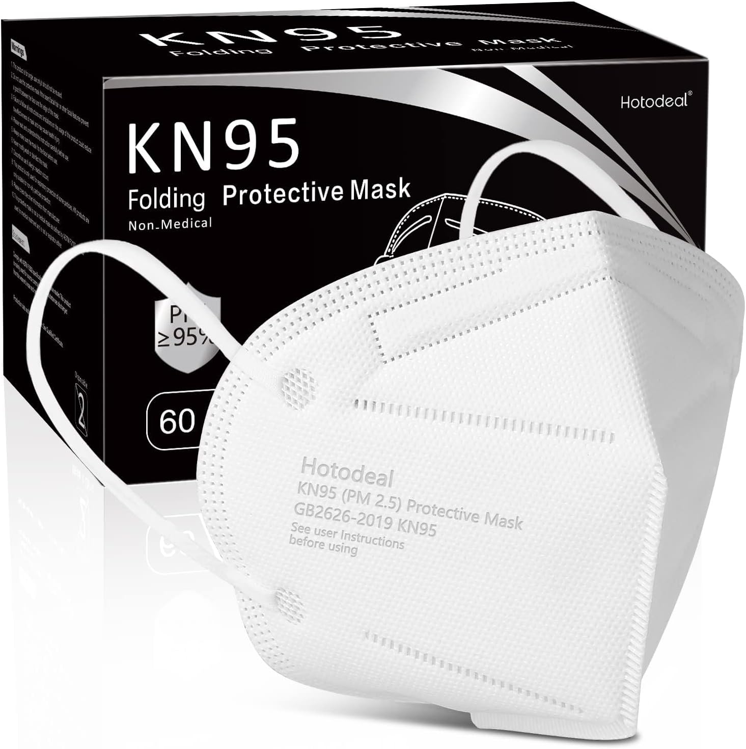 Hotodeal KN95 Face Mask 60 PCs, White KN95 Mask, 5 Layers Cup Dust Mask, for Men, Women, Healthcare Worker, Essential Workers