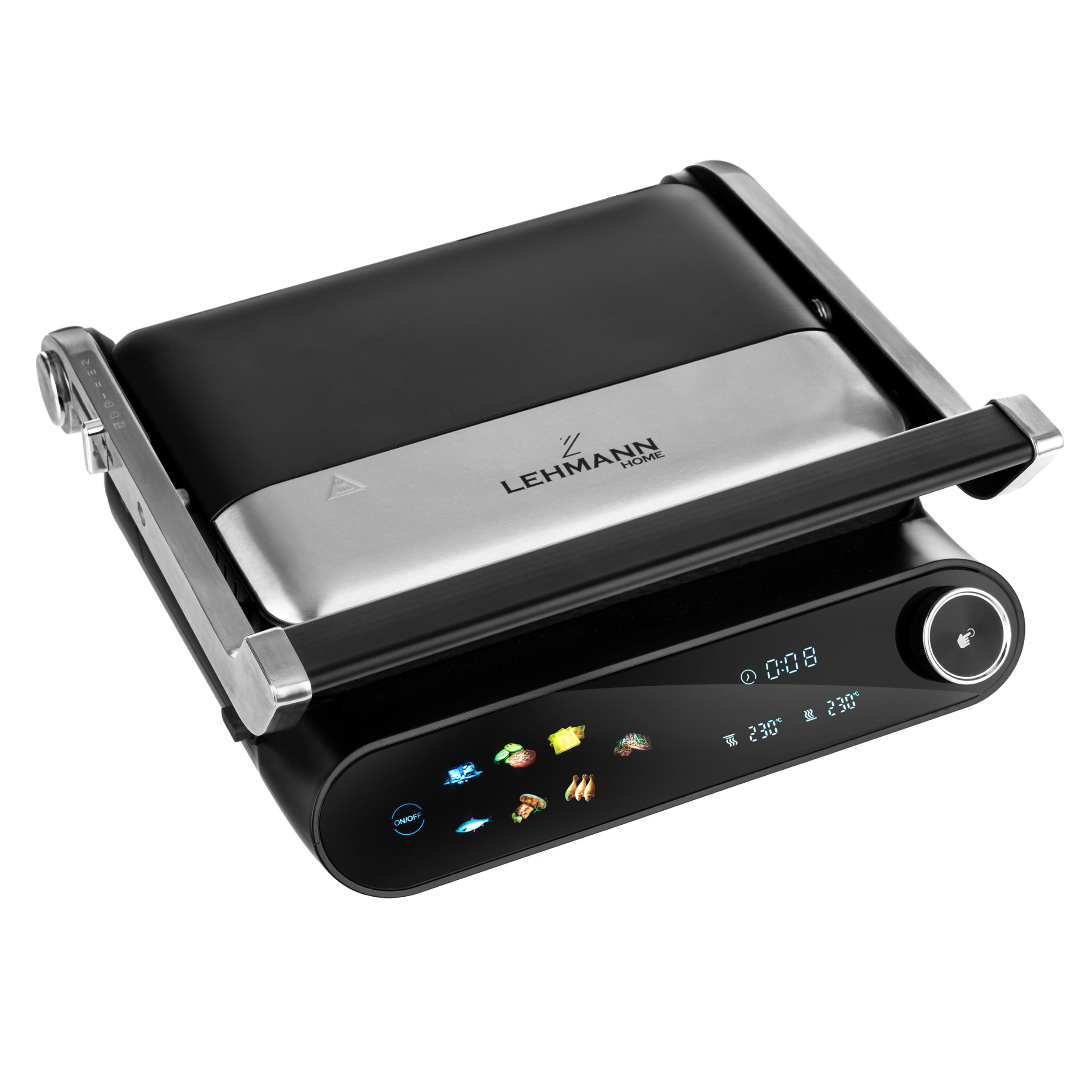 LEHMANN Bistecchiera Elettrica, 2000 W, Apertura 180°, Piastre Antiaderenti Rimovibili, 10 Programmi, Regolazione Temperatura 90-230°C, Timer 1-240 min, Griglia per Cucinare Carne, Pesce e Verdure