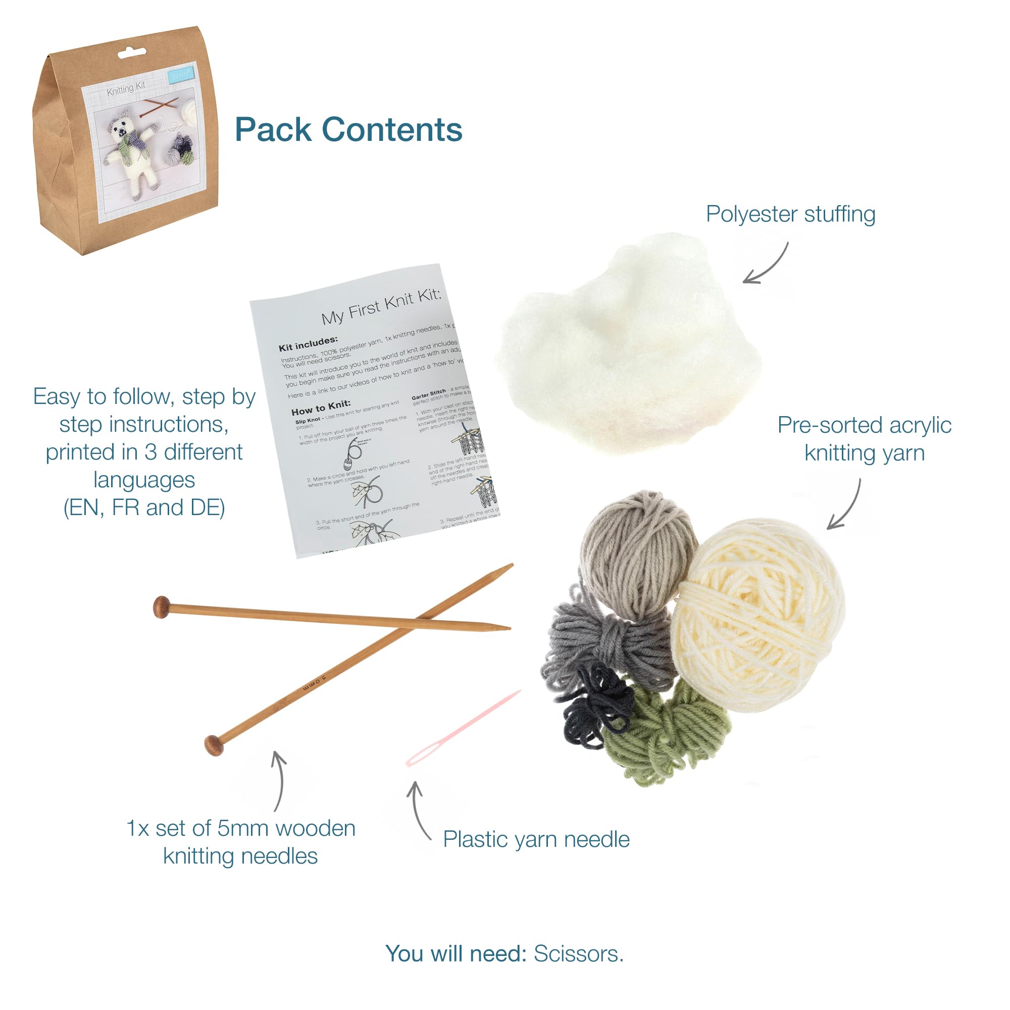 Trimits Knitting Kit - Handmade, Soft Toy, Teddy, Gift with Yarn, Needles and Instructions - Bear, 7 x 28 x 35cm - Image 3