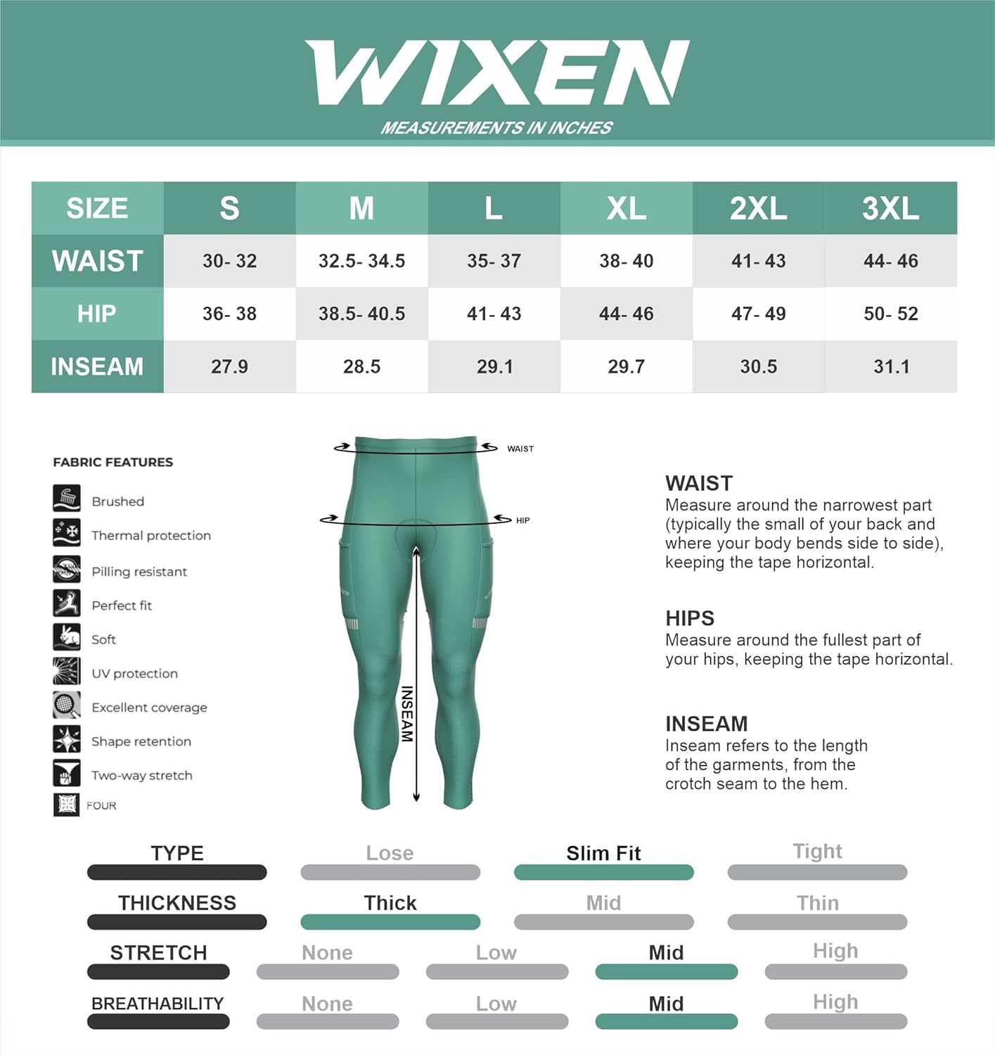 Wixen メンズ サーマルサイクリングタイツ &ndash; 冬用フリース裏地付きバイクパンツ、寒い天候のサイクリングレギンス ポケット付き